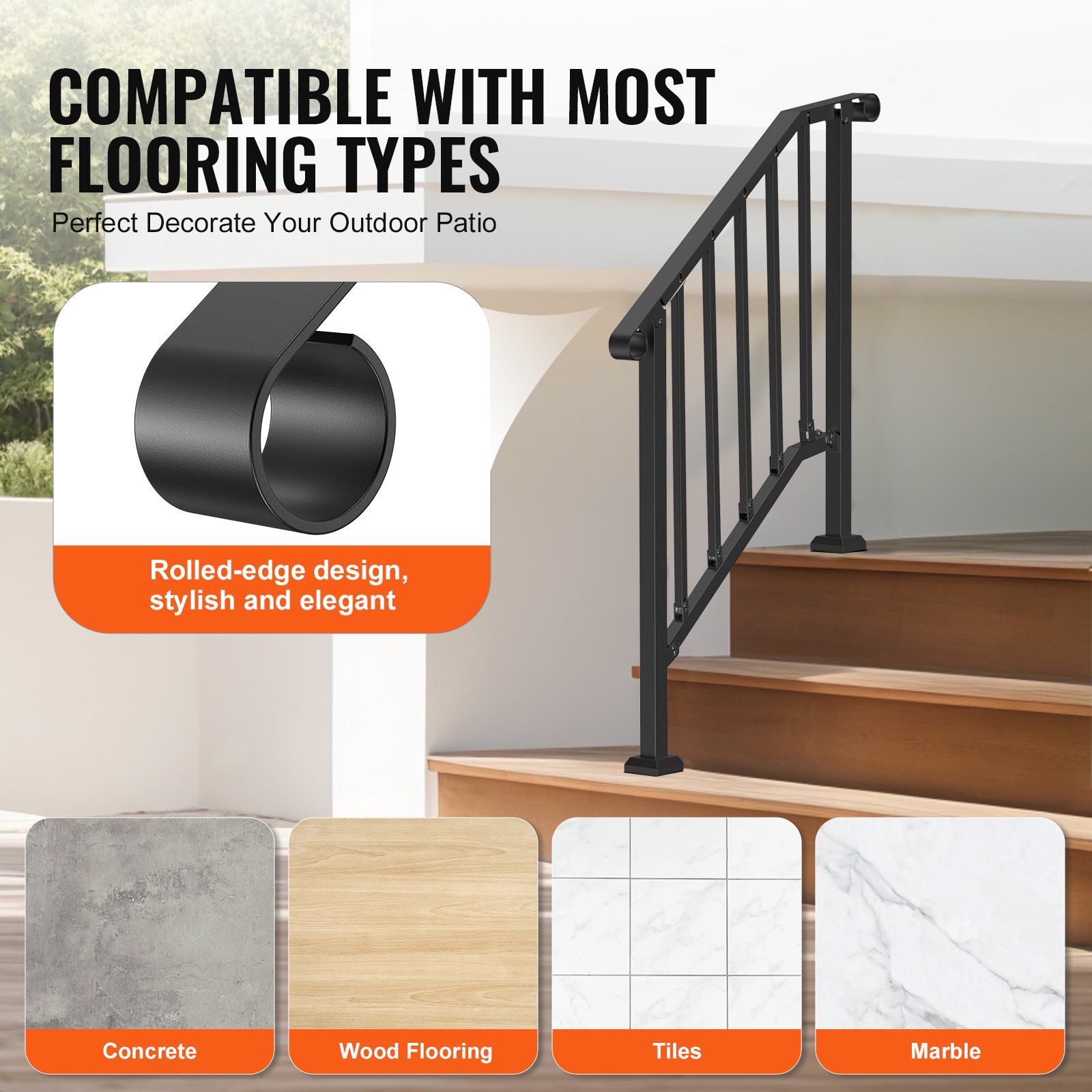 VEVOR Handrails for Outdoor Stairs, 2-3 Step Stair Handrail Set, Carbon Steel Transition Railing with Mounting Kit, Stair Railing for Seniors, Concrete Steps & Porch & Deck, Black Retro Arch