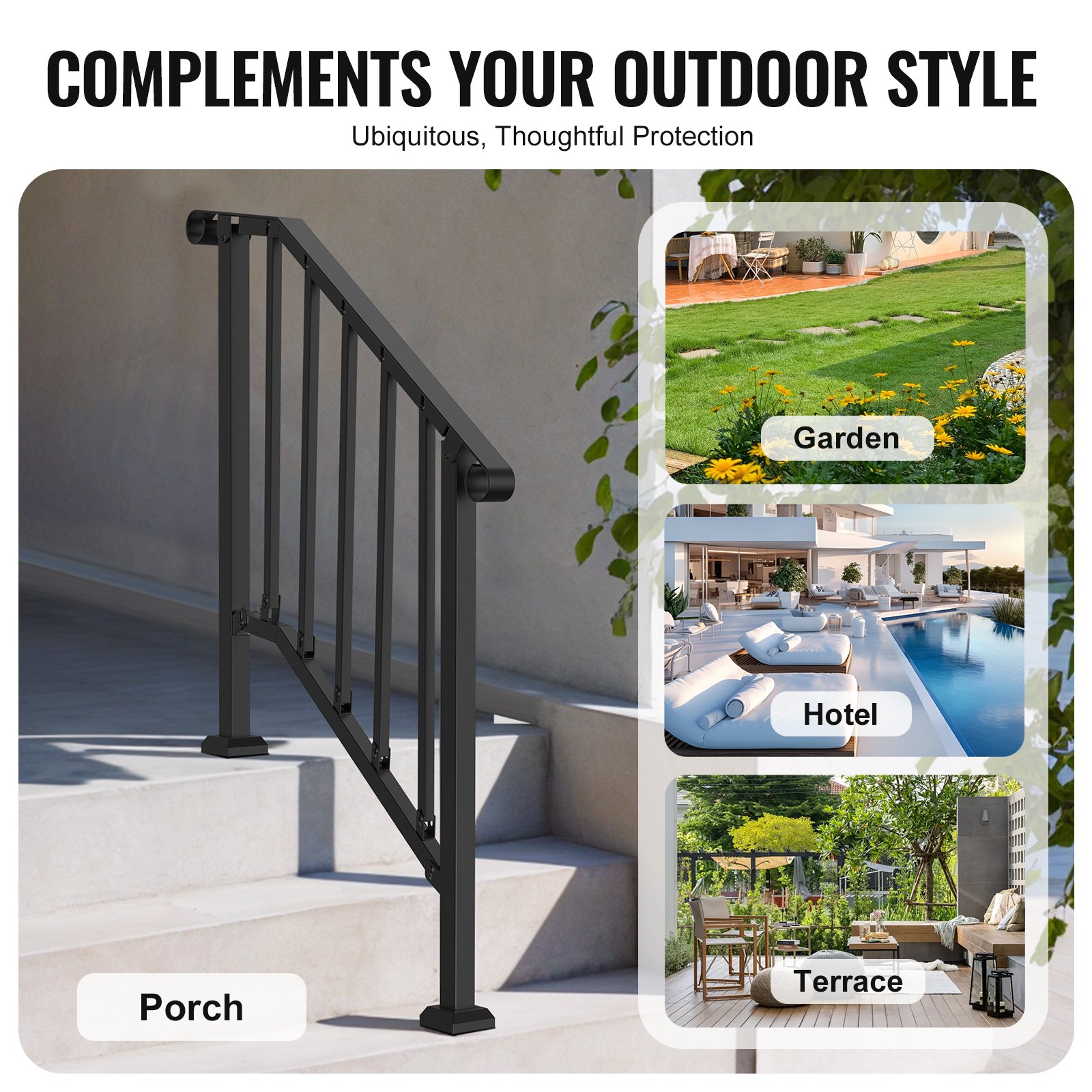 VEVOR Handrails for Outdoor Stairs, 2-3 Step Stair Handrail Set, Carbon Steel Transition Railing with Mounting Kit, Stair Railing for Seniors, Concrete Steps & Porch & Deck, Black Retro Arch