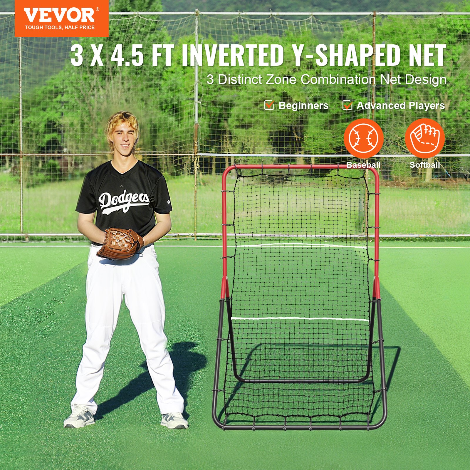 VEVOR Baseball- und Softball-Rebounder-Netz, 3 x 4,5 Fuß PitchBack Baseball Pitching Nest, 3-Wege-Baseball, Softball Pitchback-Netz, Fielding-Trainer, Bounce-Back-Netz für Fielding-/Wurfübungen
