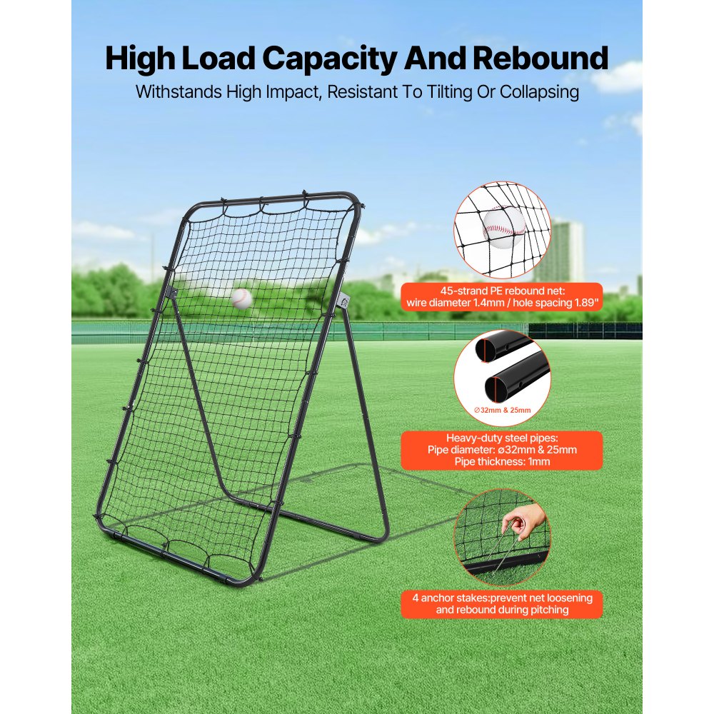 VEVOR Baseball-Rebounder-Netz 120 x 180 cm 5 Winkel Pitchback-Trainingsnetz für Baseball, Softball und Einzeltraining im Innen- und Außenbereich, mit PE-Netz, 4 Bodenankern und Faltbarem Stahlrahmen