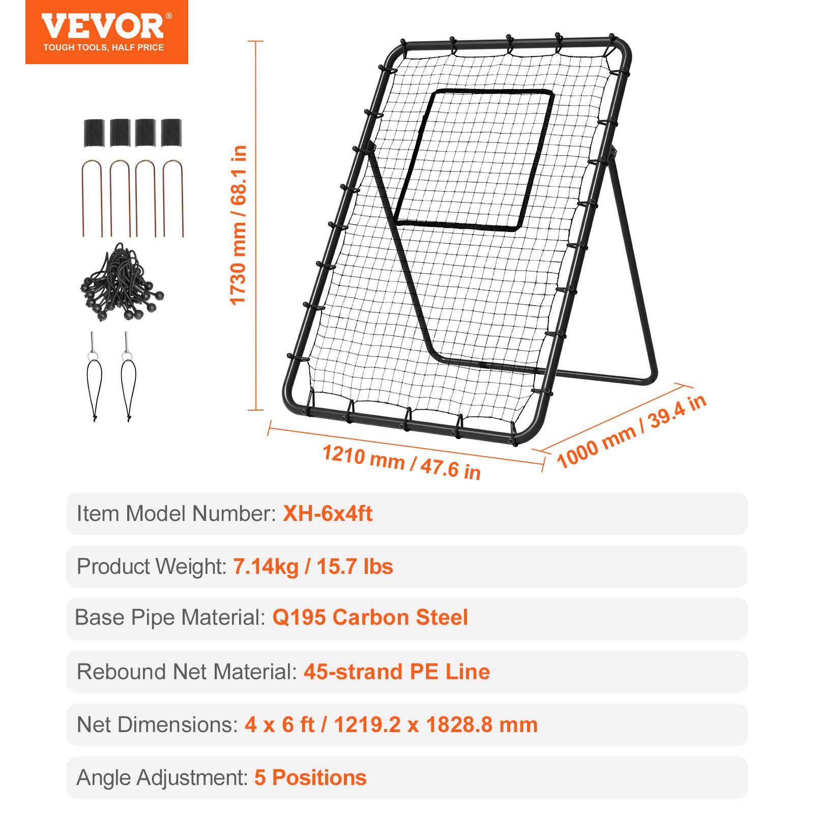 VEVOR Baseball- und Softball-Rebounder-Netz, 4 x 6 Fuß PitchBack-Baseballnest für Pitching- und Fielding-Training, Pitch Return Trainer Rebound-Netz mit Pitching-Ziel, 4 einstellbare Winkel
