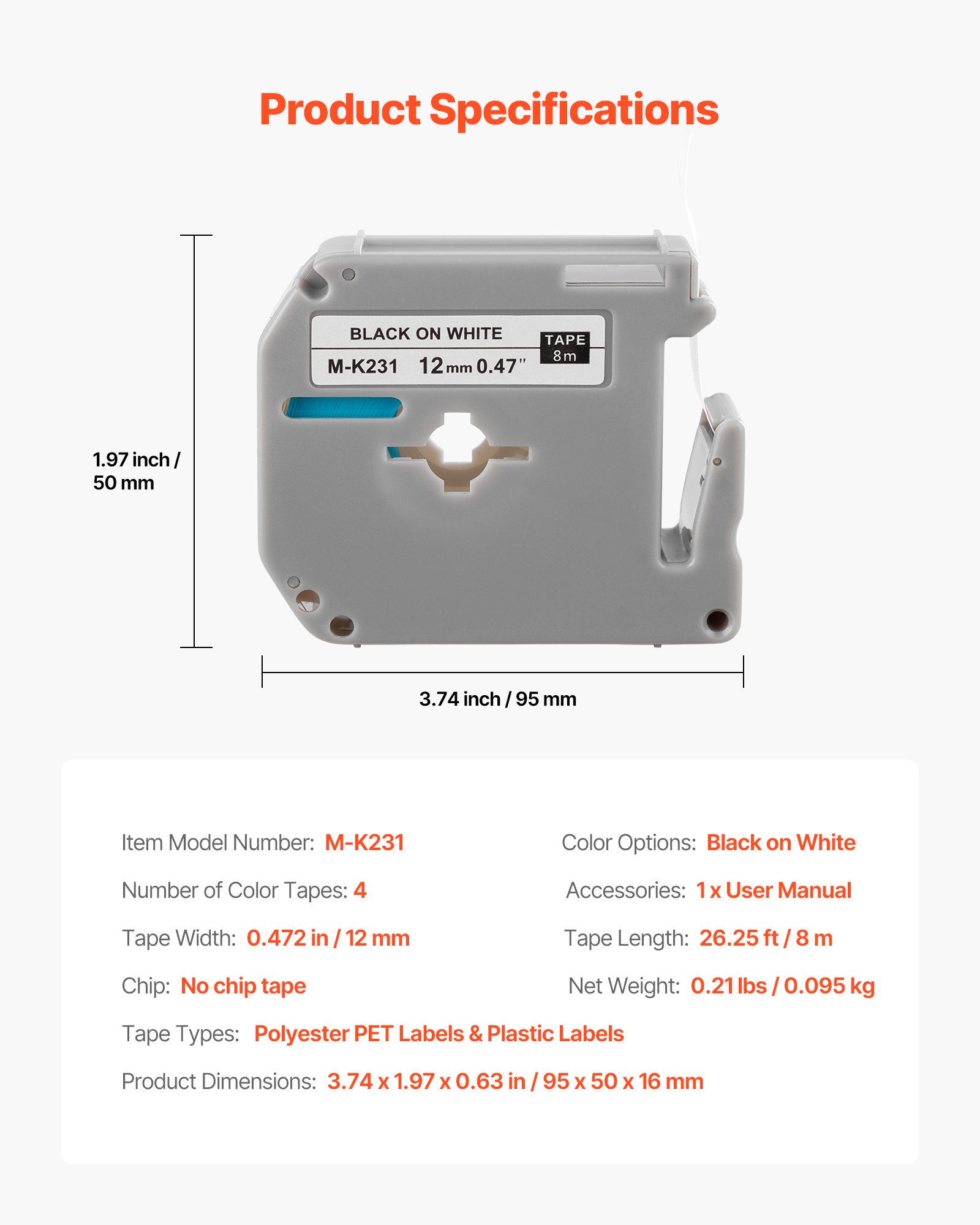 VEVOR Schriftband, 4er-Pack, 12 mm Bandbreite, Schwarz auf Weiß, kompatibel mit verschiedenen Brother-Etikettiergeräten, PT-M95, PT-90, PT-70BM, PT-85, PT-80, Ersatz für M-K231