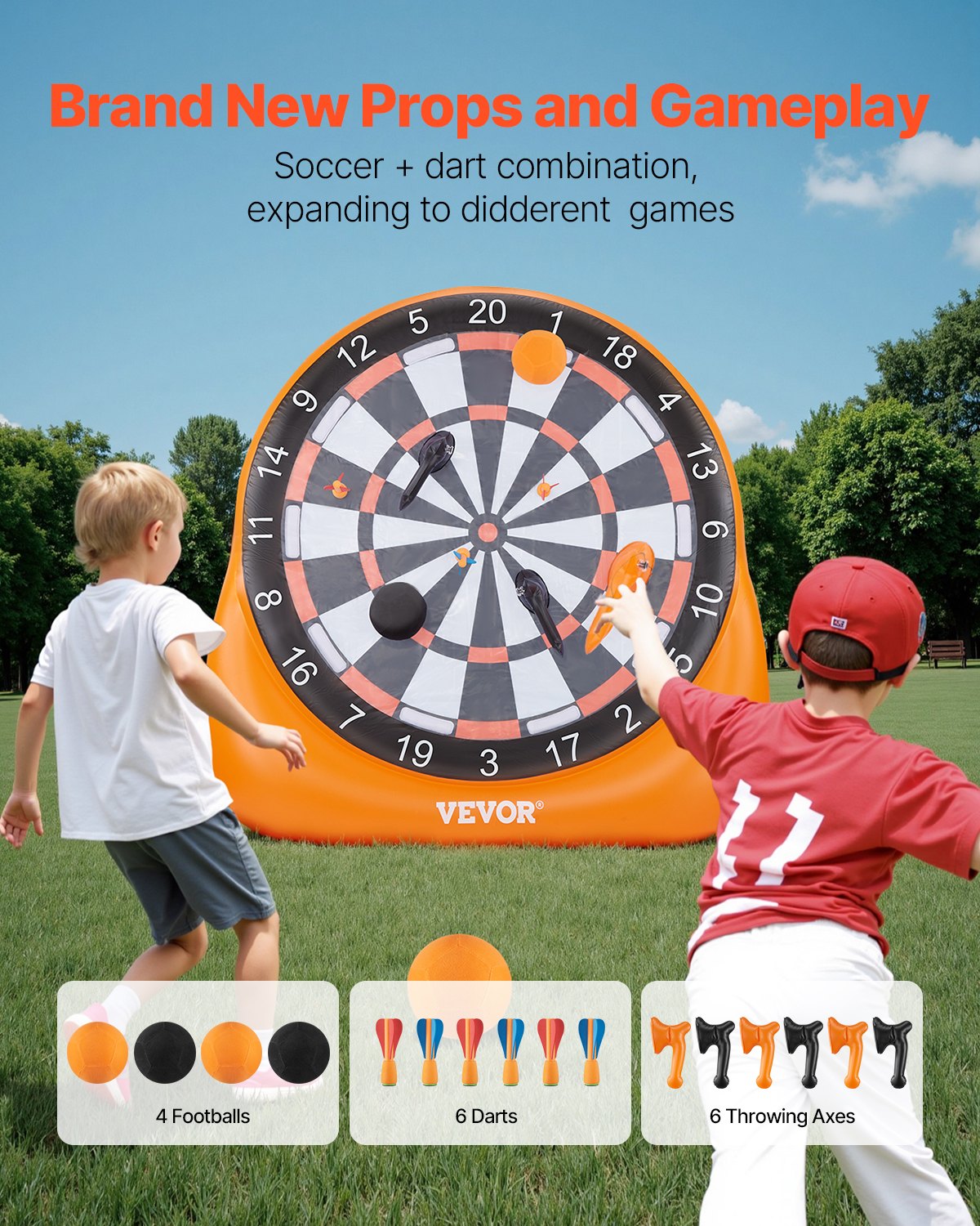 VEVOR aufblasbares Fußball-Dartboard, über 1,83 m hohes riesiges Fußball-Dartboard mit 4 Kickbällen & 6 Darts & 6 Äxten & Luftpumpe, ideal für riesige Gartenspiele, riesiges Kick-Darts-Spiel