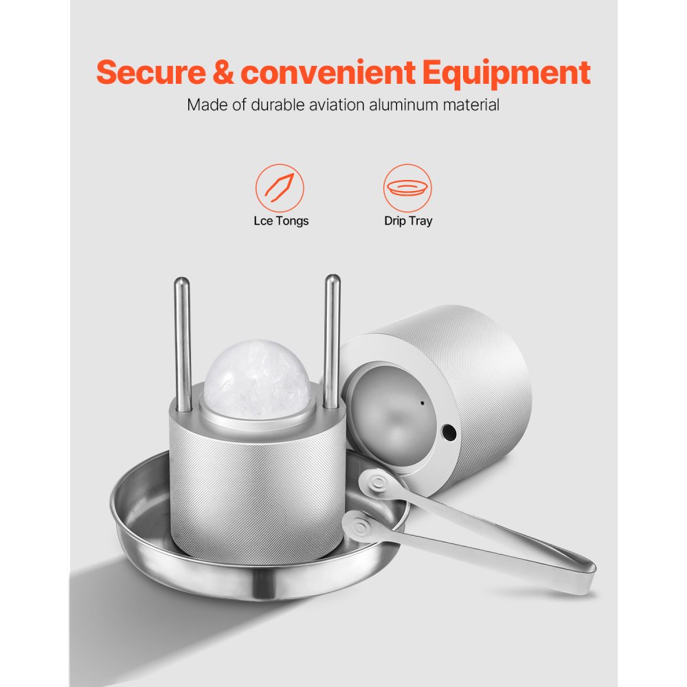 VEVOR Eispresse Eiskugelformer Set 53 mm Eiskugel aus Luftfahrt-Aluminium mit Zange & Abtropfschale, Eisblockform Eisballmaker für Whisky Cocktail Bourbon Scotch auf Partys & im Urlaub