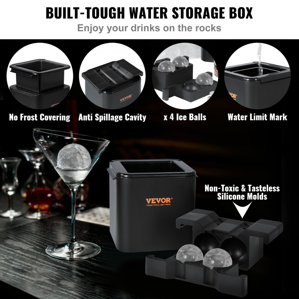 VEVOR 4-teiliger Eiswürfelbereiter Eiswürfelformen 6 cm Eiskugel Eiswürfelform Eiskugelforner mit Aufbewahrungstasche, Strapazierfähige Eiswürfelformen Eiswürfelbehälter Schwarz Whisky, Americano
