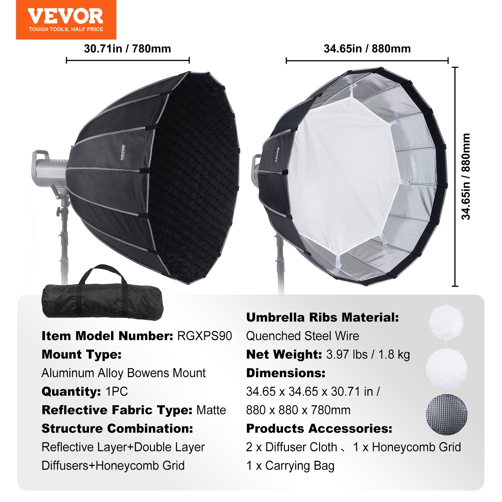VEVOR Parabolic Softbox, 880 mm, Octagon Softbox Schnellverschluss & Schnellfaltung, leicht und tragbar, für Bowens Mount, 4 Lichteffekte, geeignet für professionelle Fotografie, tägliches Filmen