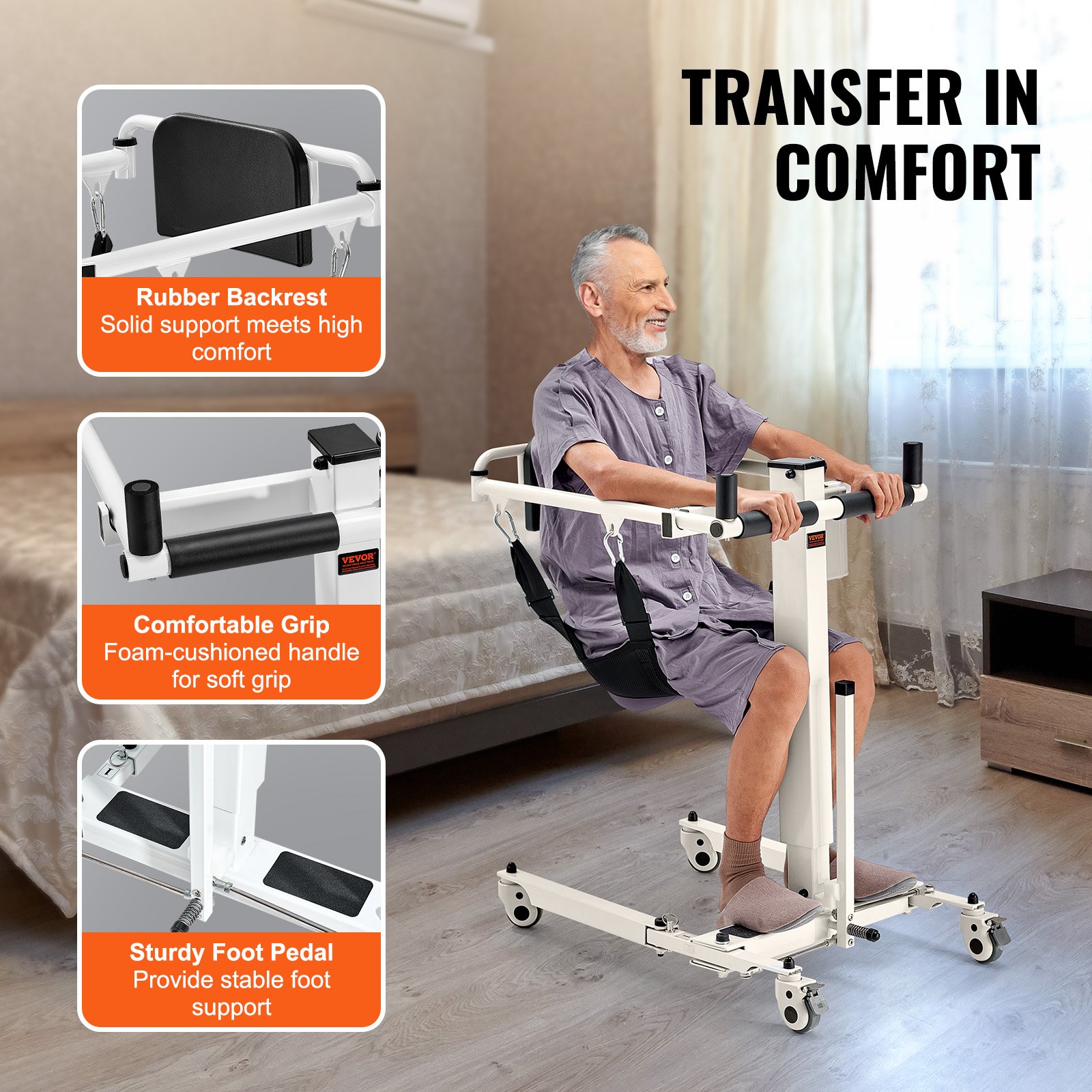 VEVOR Elektrischer Patientenlift-Transferstuhl, faltbarer Patientenlift-Rollstuhl für das Auto zu Hause, Höhe und Breite verstellbar | Tragbarer Nachtstuhl mit Duschfunktion für ältere Menschen mit Behinderung, 220 Pfund