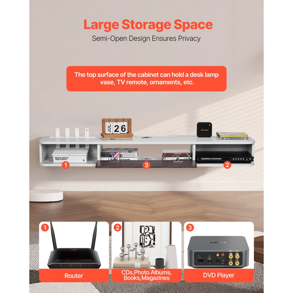 VEVOR TV Schrank hängend Wandhalterung, Fernsehschrank mit Kabelloch, schwebendes TV-Regal mit Stauraum für DVD-Player Kabelbox Spielekonsole, Hängeschrank 52 kg belastbar Weiß 140 cm Länge