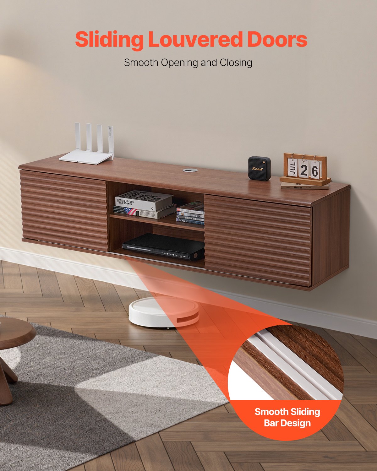 VEVOR TV Schrank hängend Wandhalterung, Fernsehschrank mit verstellbarem Regal & Schiebetüren, TV-Regal mit Stauraum für DVD-Player Spielekonsole, Hängeschrank 52 kg belastbar Weiß 152 cm Länge