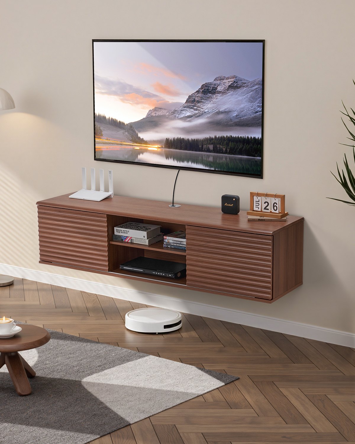 VEVOR TV Schrank hängend Wandhalterung, Fernsehschrank mit verstellbarem Regal & Schiebetüren, TV-Regal mit Stauraum für DVD-Player Spielekonsole, Hängeschrank 52 kg belastbar Weiß 152 cm Länge