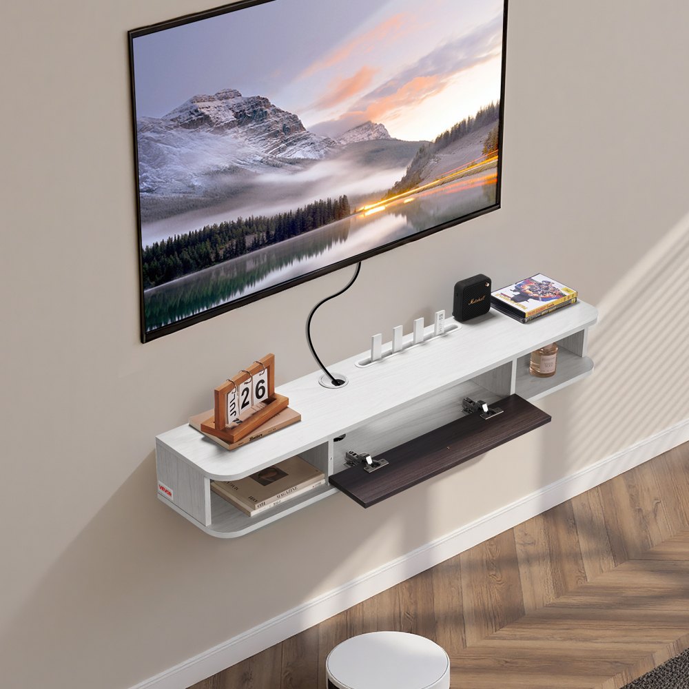 VEVOR TV Schrank hängend Wandhalterung, Fernsehschrank mit Kabelloch, schwebendes TV-Regal mit Stauraum für DVD-Player Kabelbox Spielekonsole, Hängeschrank 52 kg belastbar Weiß 120 cm Länge