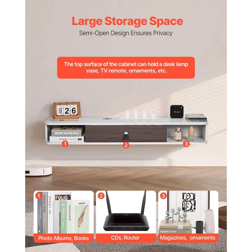 VEVOR TV cabinet, wall-mounted, TV cabinet with cable hole, floating TV shelf with storage space for DVD player, cable box, game console, wall cabinet, 52 kg load capacity, white, 120 cm length