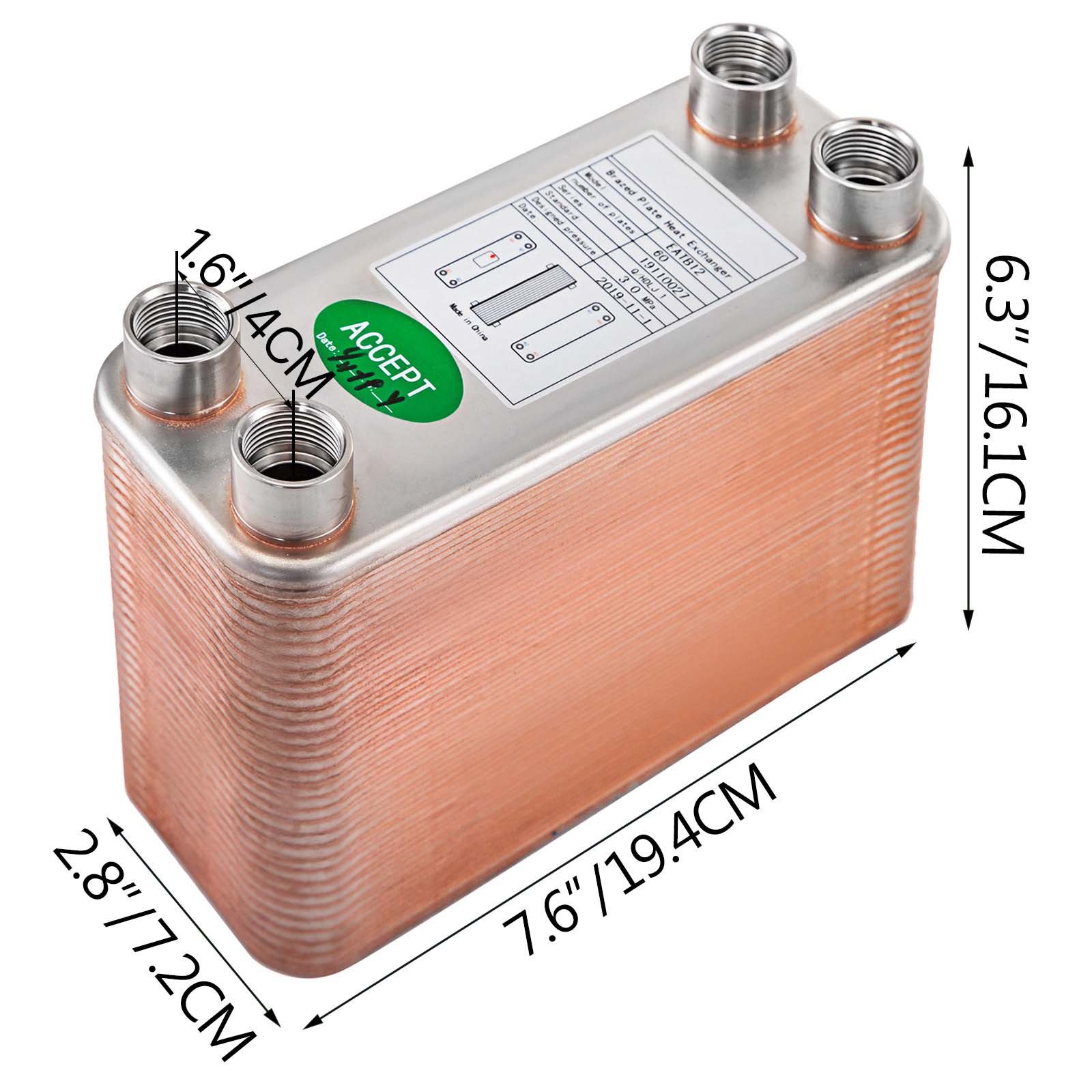 VEVOR Plattenwärmetauscher Edelstahl B12-60,Wärmetauscher 60, Plattenwärmetauscher 3,0 MPa,  Wärmetauscher heizung