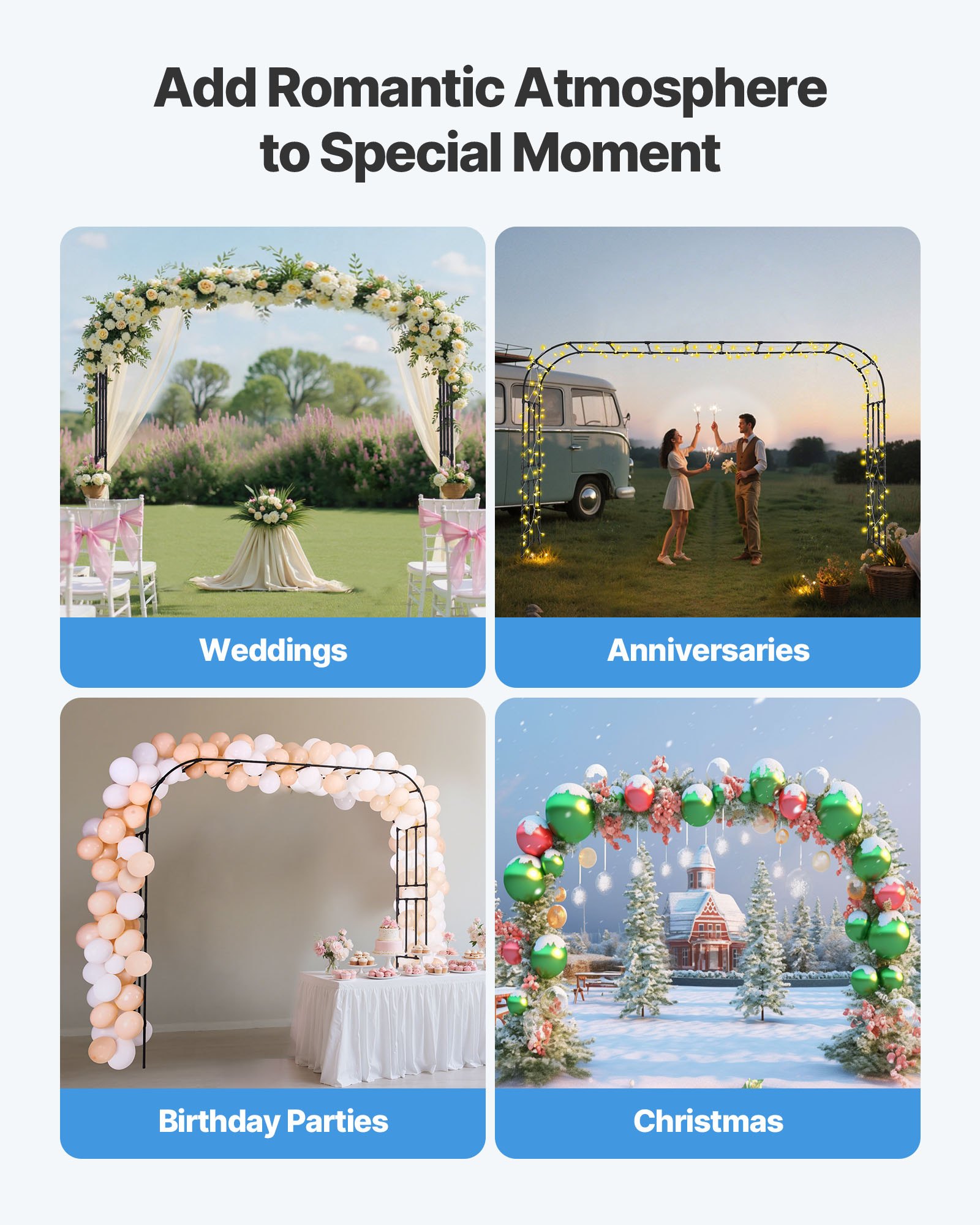 VEVOR Gartenbogen, 2400x3200x400 mm Rosenbogen, Rankhilfe, Kletterhilfe, Metallbogen, stabiler Rosenspalier für den Außenbereich mit Pfählen, ideal für Hof, Rasen, Hochzeitsfeier-Dekoration