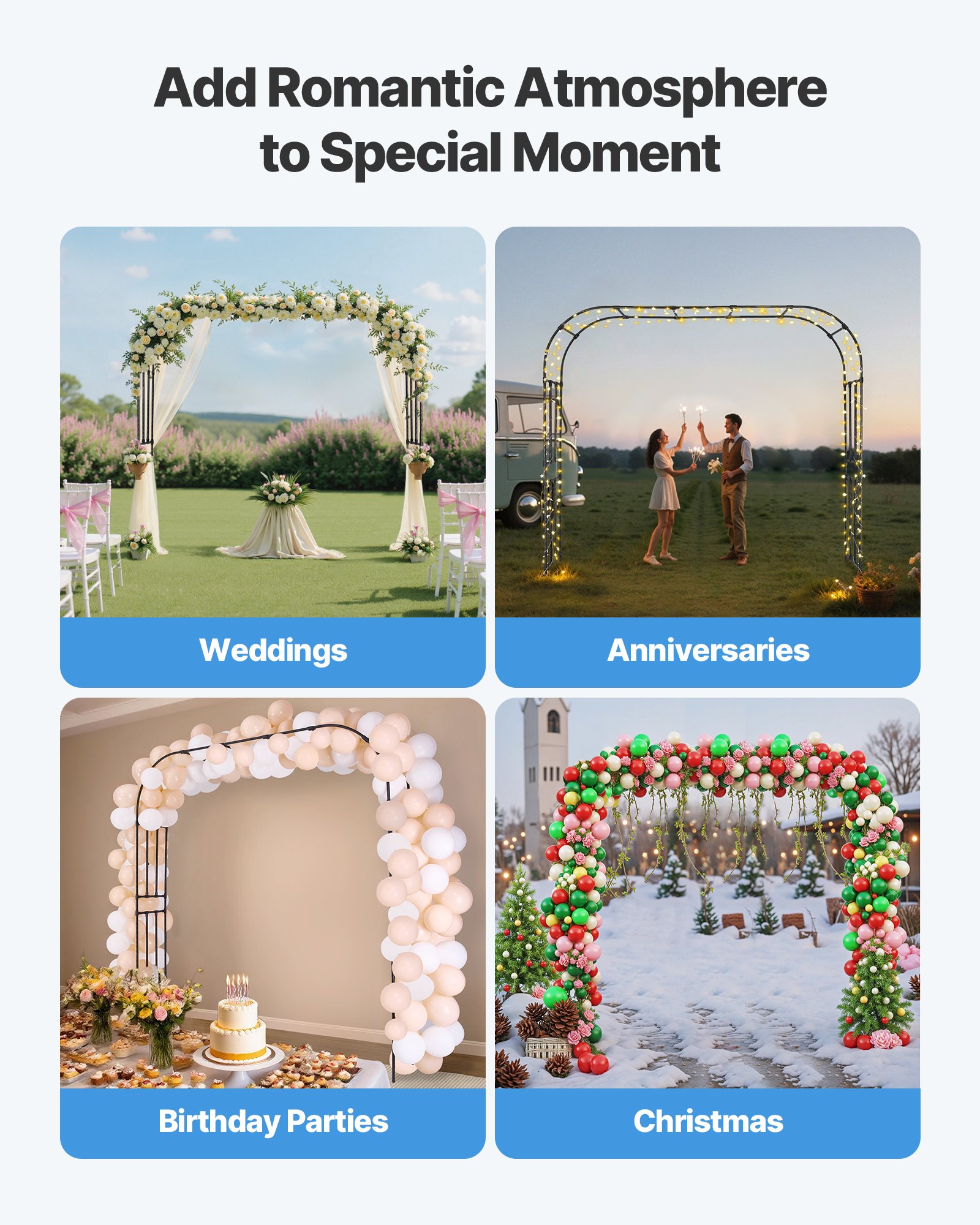 VEVOR Garden Arbor, 2.4 (H) x  2.5 (W) x 0.4 (D) m Metal Archway, Sturdy Outdoor Trellis Arch with Stakes, Easy to Assemble, Pergola Arbor for Plant Climbing Yard Lawn Wedding Party Decoration