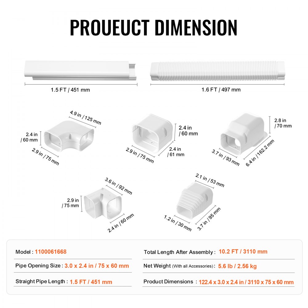 VEVOR Mini-Split-Line-Set-Abdeckung 76,2 mm B 3110 mm L, dekorative PVC-Rohrleitungsabdeckung für Klimaanlage mit 5 geraden Kanälen und vollständigen Komponenten, überstreichbar für Wärmepumpen, weiß