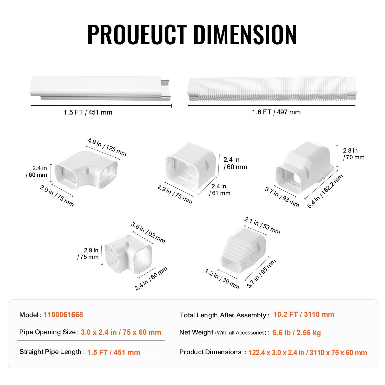 VEVOR Mini Split Line Set Cover 76.2 mm W 3110 mm L, decorative PVC pipe cover for air conditioning with 5 straight ducts and complete components, paintable for heat pumps, white