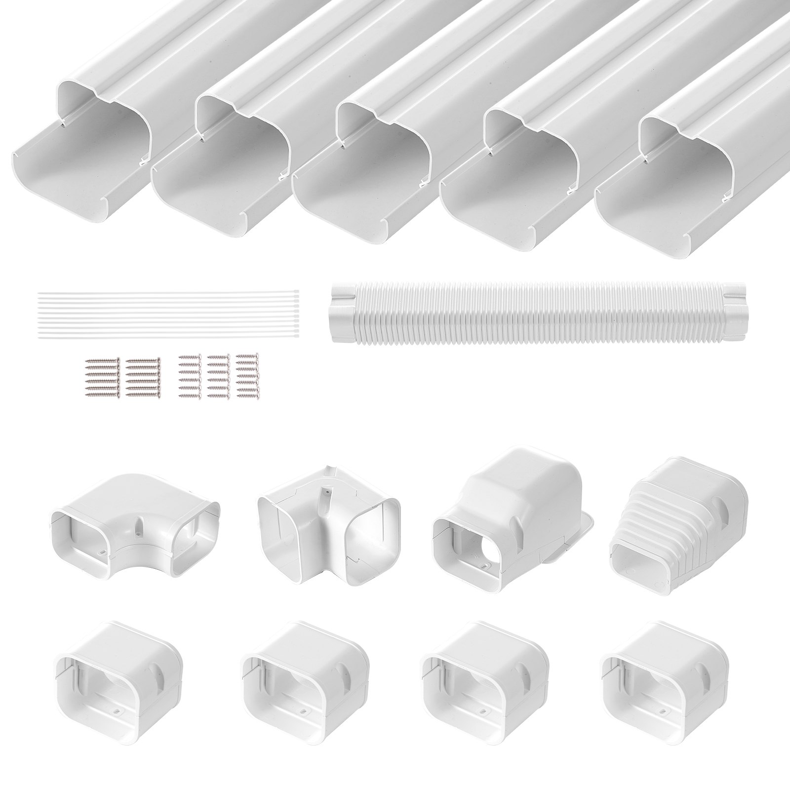VEVOR Mini Split Line Set Cover 76.2 mm W 3110 mm L, decorative PVC pipe cover for air conditioning with 5 straight ducts and complete components, paintable for heat pumps, white