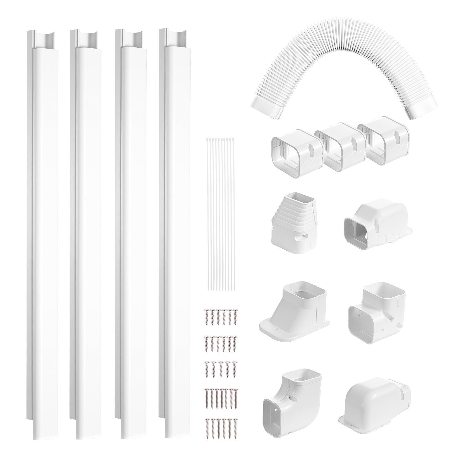 VEVOR Mini Split Line Set Cover 76.2 mm W 5350 mm L, decorative PVC pipe cover for air conditioning with 4 straight ducts and complete components, paintable for heat pumps, white