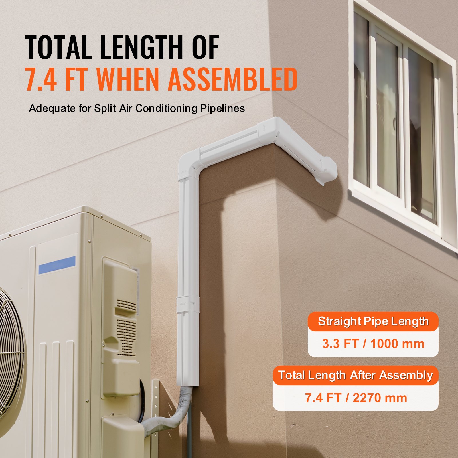 VEVOR Mini-Split-Line-Set-Abdeckung 76,2 mm B 2270 mm L, dekorative PVC-Rohrleitungsabdeckung für Klimaanlage mit 2 geraden Kanälen und vollständigen Komponenten, überstreichbar für Wärmepumpen, weiß