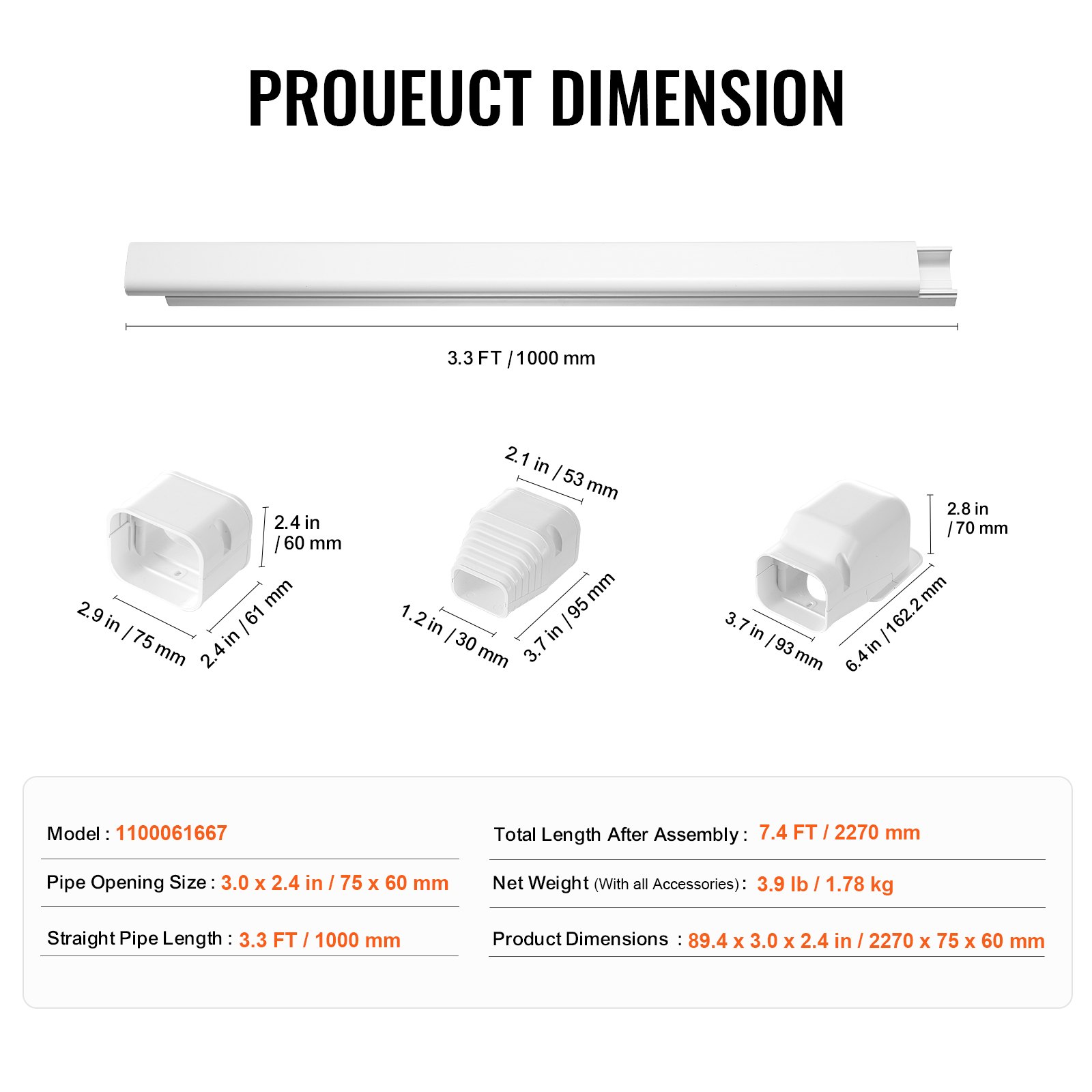 VEVOR Mini-Split-Line-Set-Abdeckung 76,2 mm B 2270 mm L, dekorative PVC-Rohrleitungsabdeckung für Klimaanlage mit 2 geraden Kanälen und vollständigen Komponenten, überstreichbar für Wärmepumpen, weiß