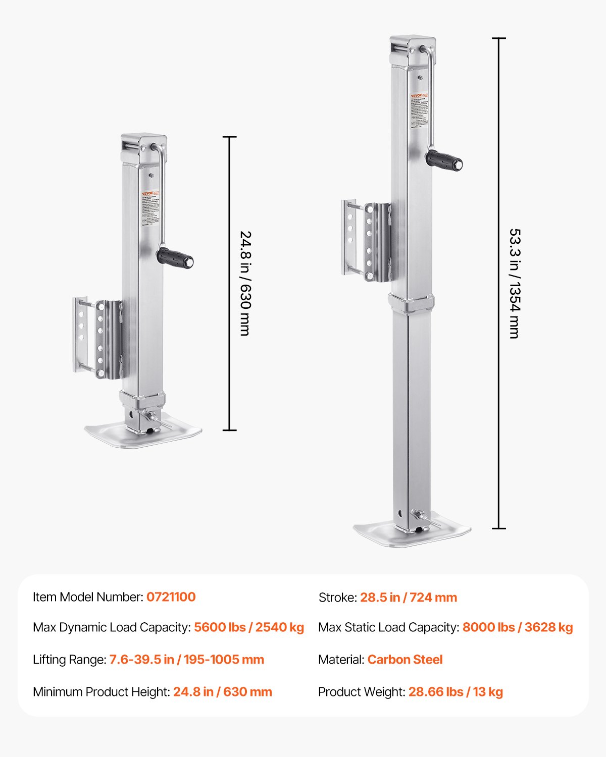VEVOR Anhängerheber, 3628 kg statische Tragkraft, Hochleistungs-Ausdrehstütze, 195-1005mm Abstellstütze mit Griff für Wohnwagenanhänger, Pferdeanhänger, Nutzanhänger und Yachtanhänger