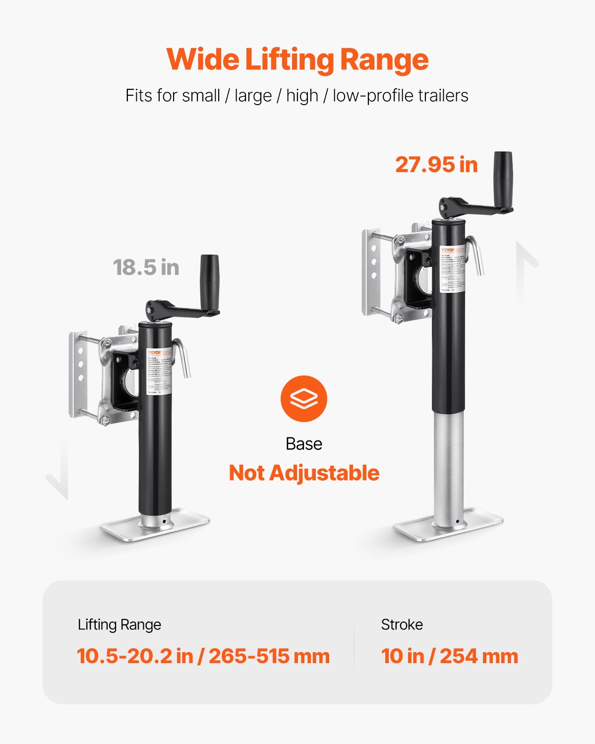VEVOR Anhängerheber, 907 kg dynamische Tragkraft, robuste, schwenkbare Ausdrehstütze, 265-515 mm Abstellstütze mit Griff für Wohnwagenanhänger, Pferdeanhänger, Nutzanhänger und Yachtanhänger