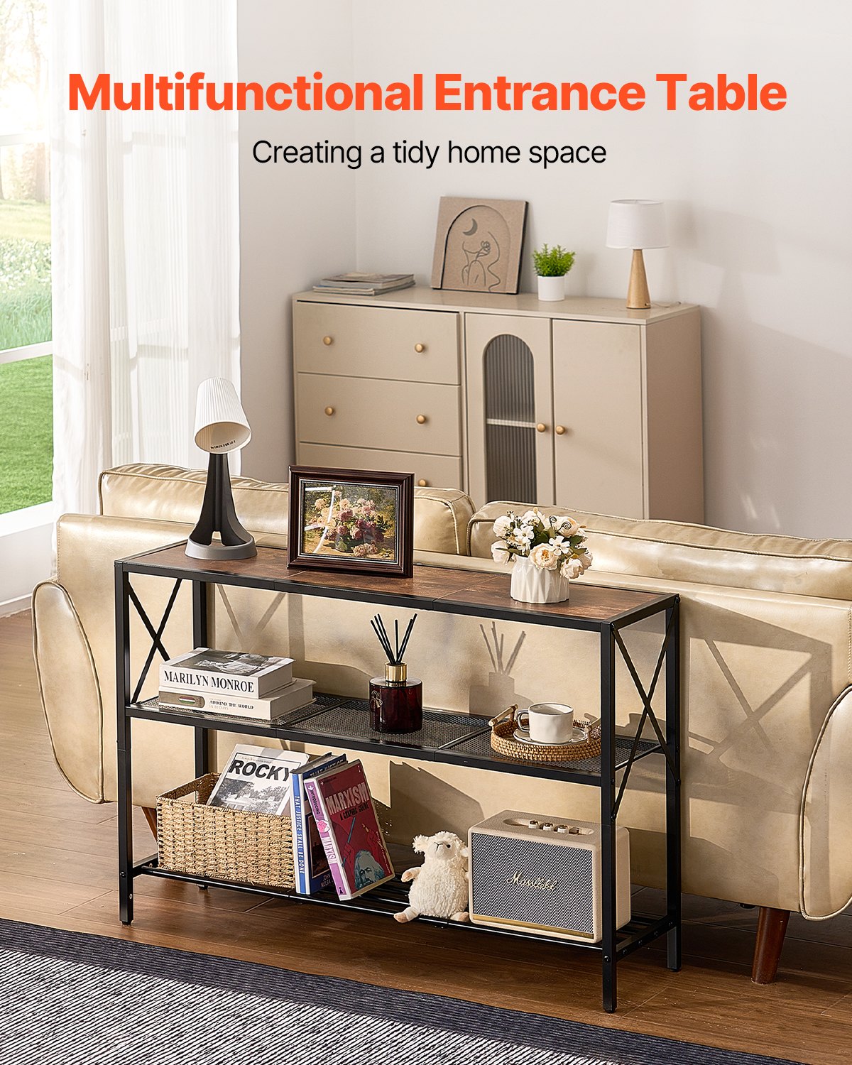 VEVOR narrow console table, entryway table (106 cm length / 45.3 kg load capacity), 3-tier hallway table, side table, sofa table with metal frame, for entryway, hallway, living room, bedroom