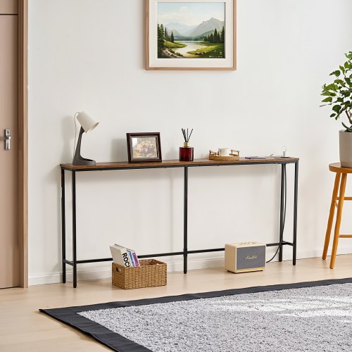 VEVOR schmaler Konsolentisch Eingangstisch (178 cm Länge) mit Steckdosen, 1-stufiger Flurtisch Beistelltisch Sofatisch mit Metallrahmen & Ladestation,