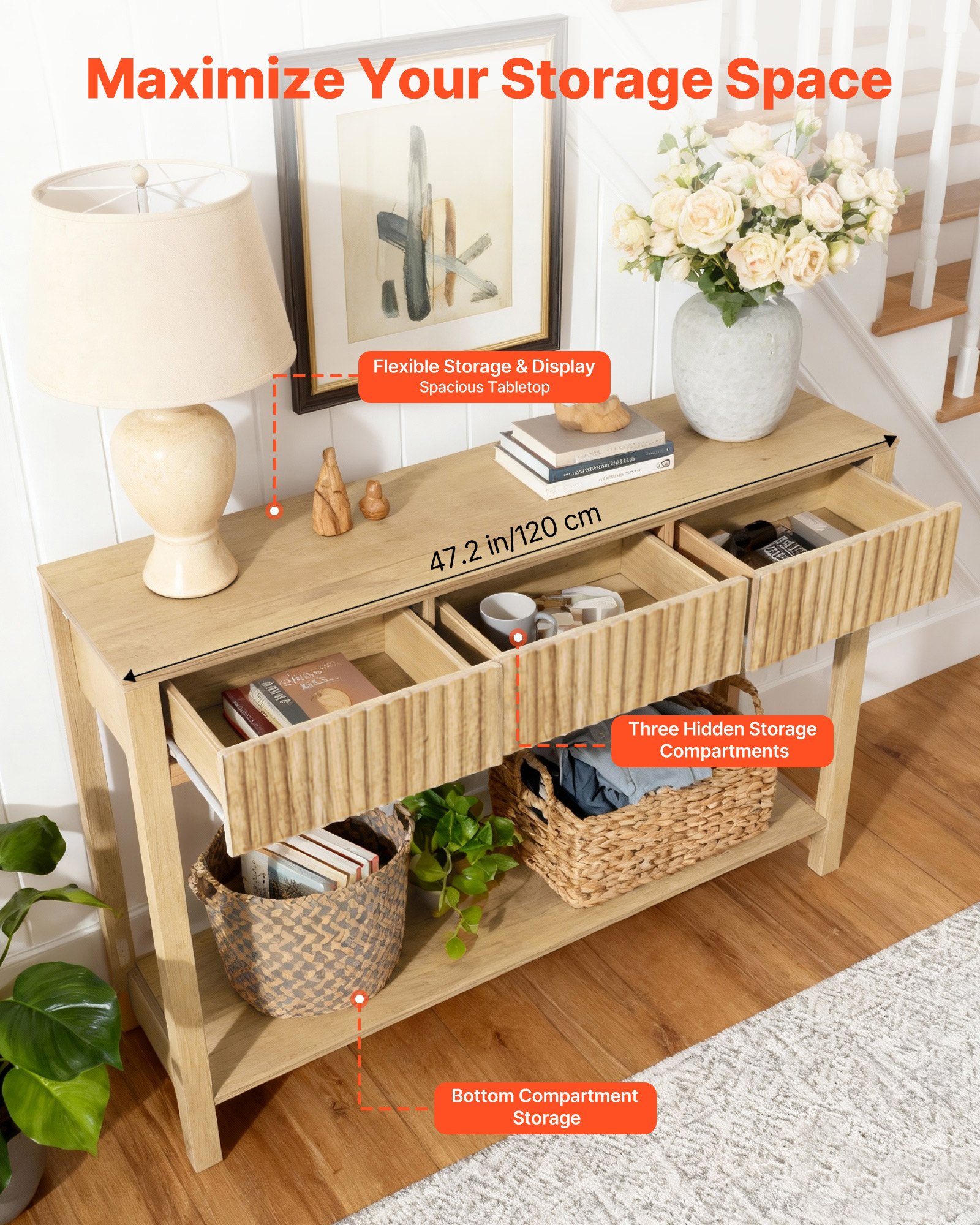 VEVOR Konsolentisch Beistelltisch mit Schubladen & Ablagefach, schmaler rechteckiger Eingangstisch aus MDF + Spanplatte für Flur Schlafzimmer Wohnzimmer Foyer, Flurtisch 120 x 30 x 80 cm Naturholz