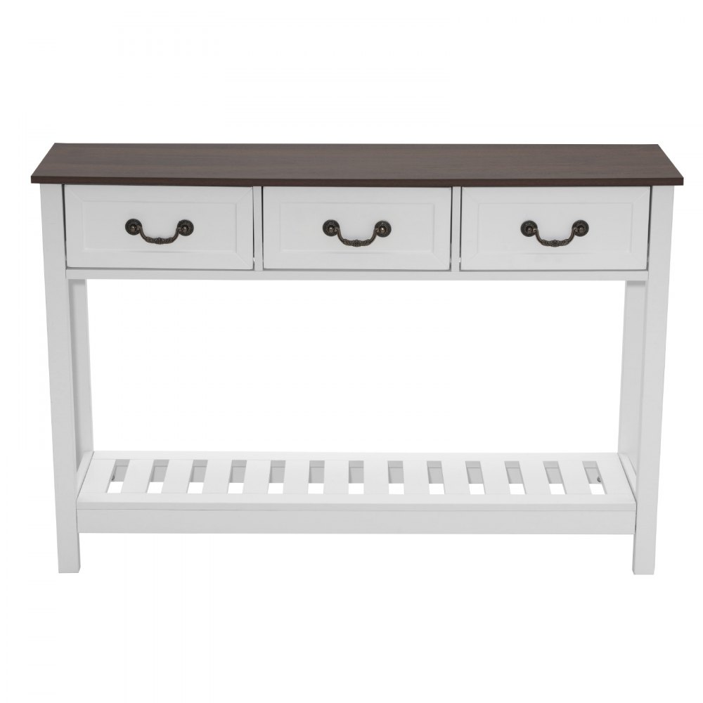 VEVOR 120 cm Console Table, Farmhouse Desk Behind the Couch with Drawers and Bottom Storage Shelf, Wooden Rectangle Entrance Narrow Sofa Table for Hallway, Bedroom, Living Room, Foyer, Brown + White
