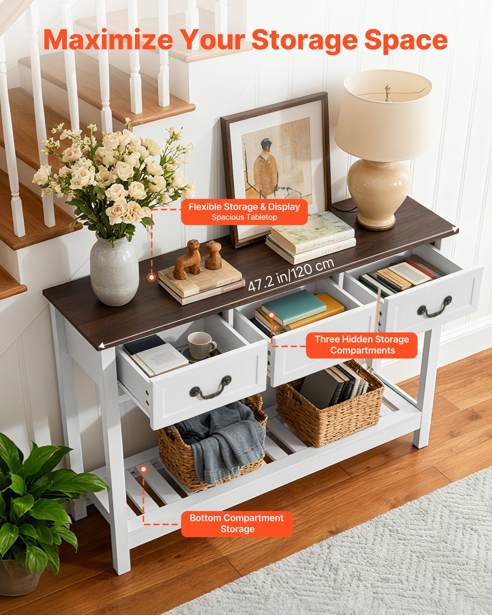 VEVOR 120 cm Console Table, Farmhouse Desk Behind the Couch with Drawers and Bottom Storage Shelf, Wooden Rectangle Entrance Narrow Sofa Table for Hallway, Bedroom, Living Room, Foyer, Brown + White