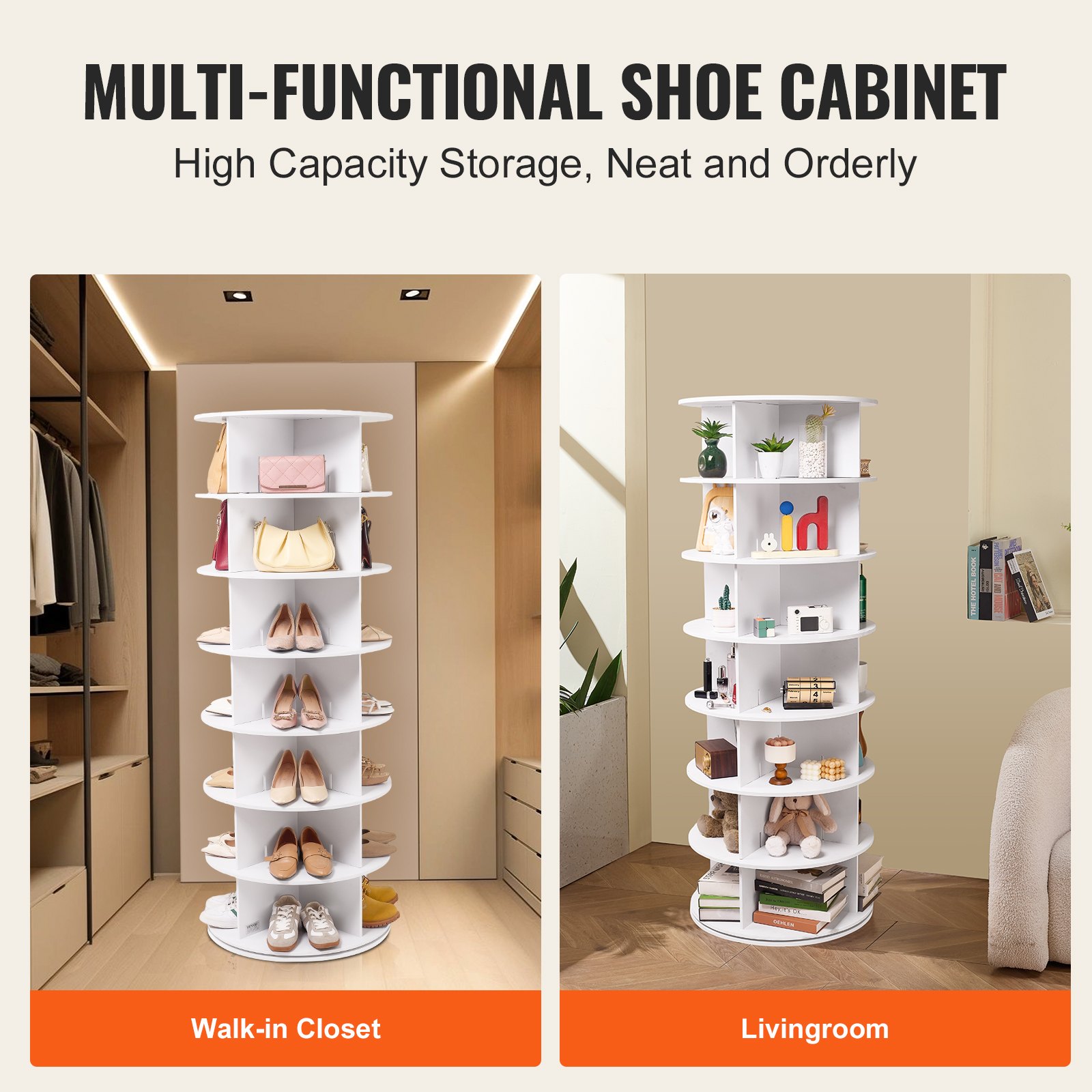 VEVOR Drehbarer Schuhregalturm Schuhregal zur Aufbewahrung mit 7 Ebenen, 360° drehbare Schuhpräsentation, Lazy Susan Schuhregal-Organizer, ideal für Schlafzimmer Wohnzimmer Eingangsbereich, weiß