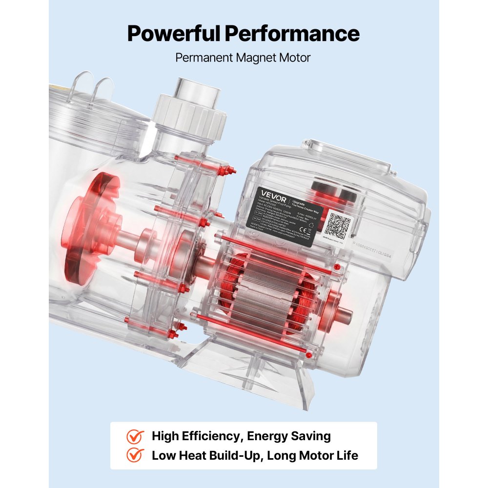 VEVOR Schwimmbadpumpe 26.000 L/h, mit Variabler Drehzahl, 1.100 W, 15 m Förderhöhe, Einbau-/Aufstellpoolpumpe mit Filterkorb, Filterpumpe Selbstansaugend, Programmierbarer Timer, für Aufstellpools