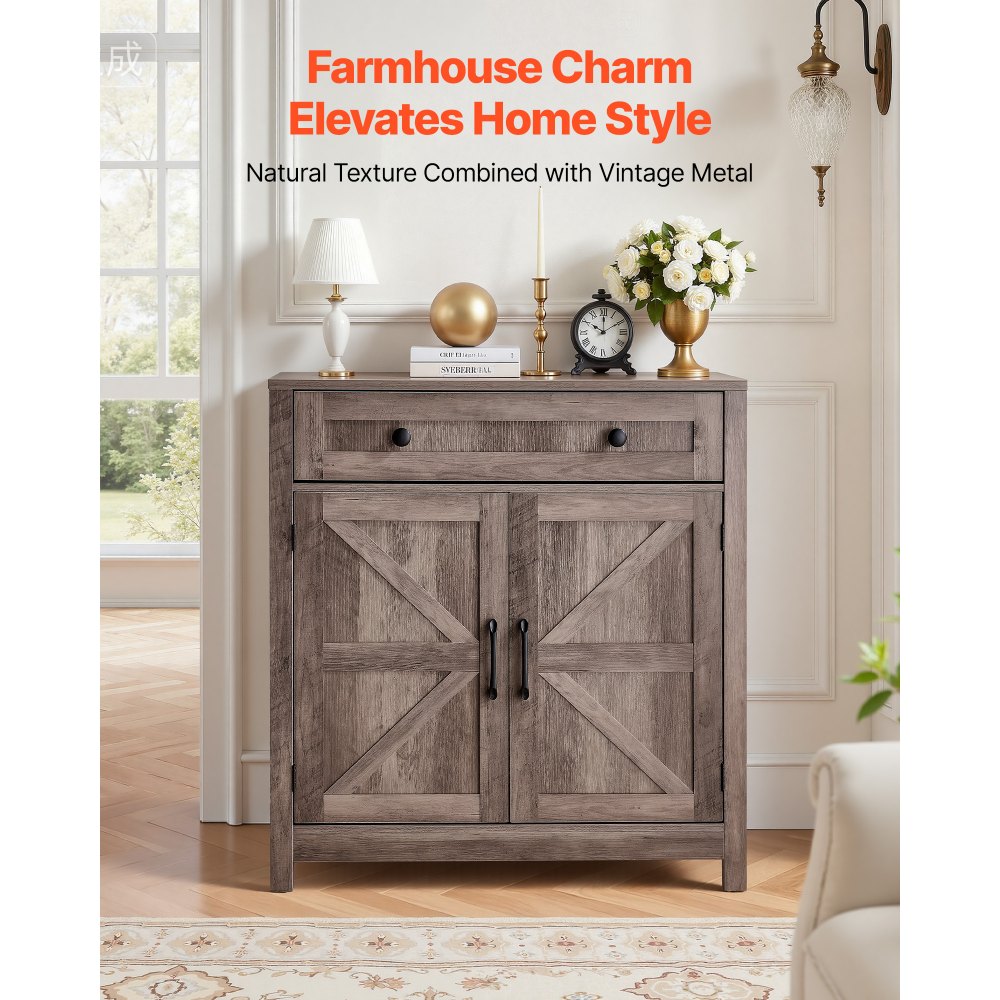 VEVOR Coffee Bar Cabinet, Farmhouse Coffee Bar Table with Drawer, Buffet Stand Cabinet with 2 Barn Doors, Sideboard Buffet Station for Living Room, Entryway, Kitchen, 75 x 37.5 x 80 cm, Grey