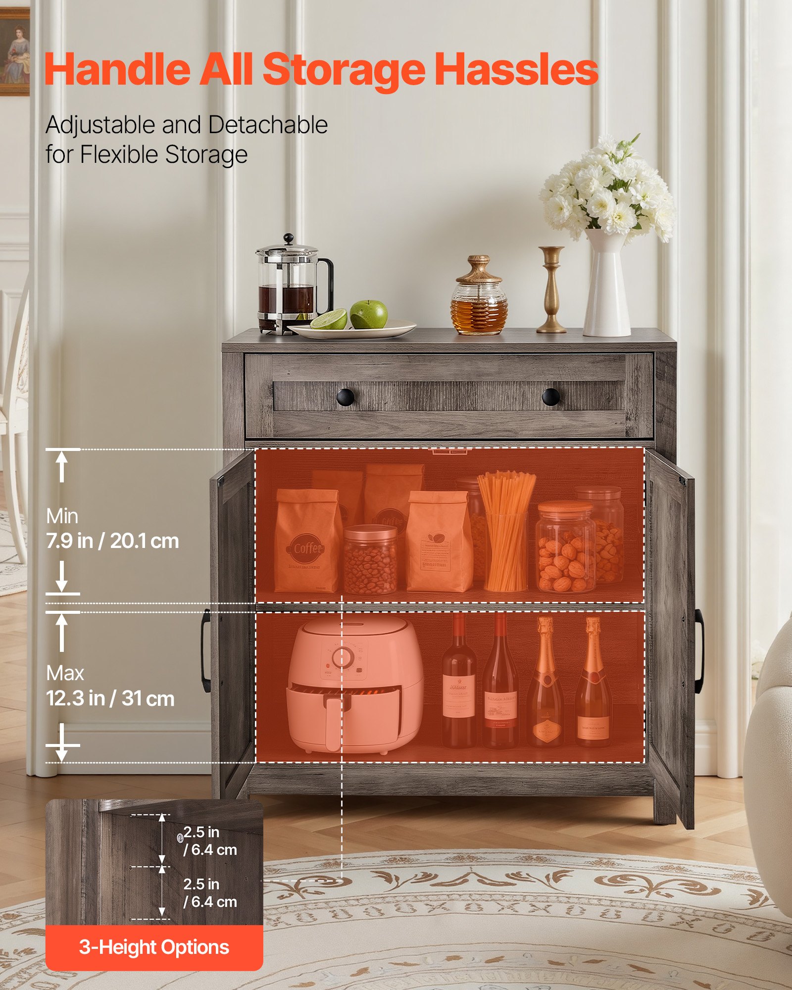 VEVOR Coffee Bar Cabinet, Farmhouse Coffee Bar Table with Drawer, Buffet Stand Cabinet with 2 Barn Doors, Sideboard Buffet Station for Living Room, Entryway, Kitchen, 75 x 37.5 x 80 cm, Grey