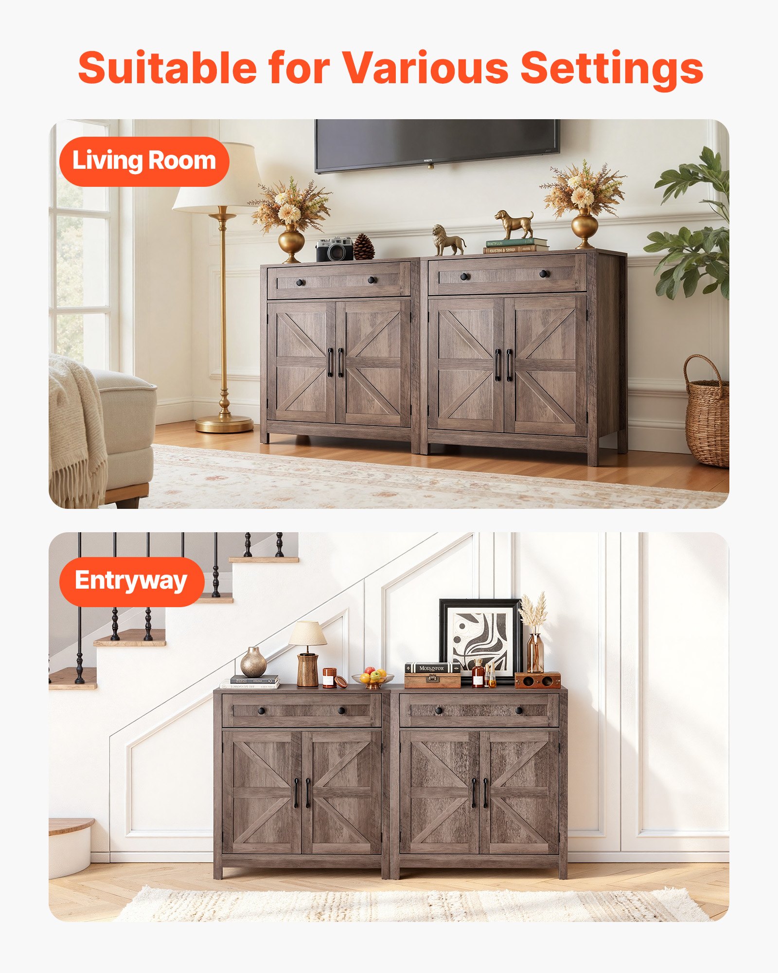 VEVOR Coffee Bar Cabinet, Farmhouse Coffee Bar Table with Drawer, Buffet Stand Cabinet with 2 Barn Doors, Sideboard Buffet Station for Living Room, Entryway, Kitchen, 75 x 37.5 x 80 cm, Grey