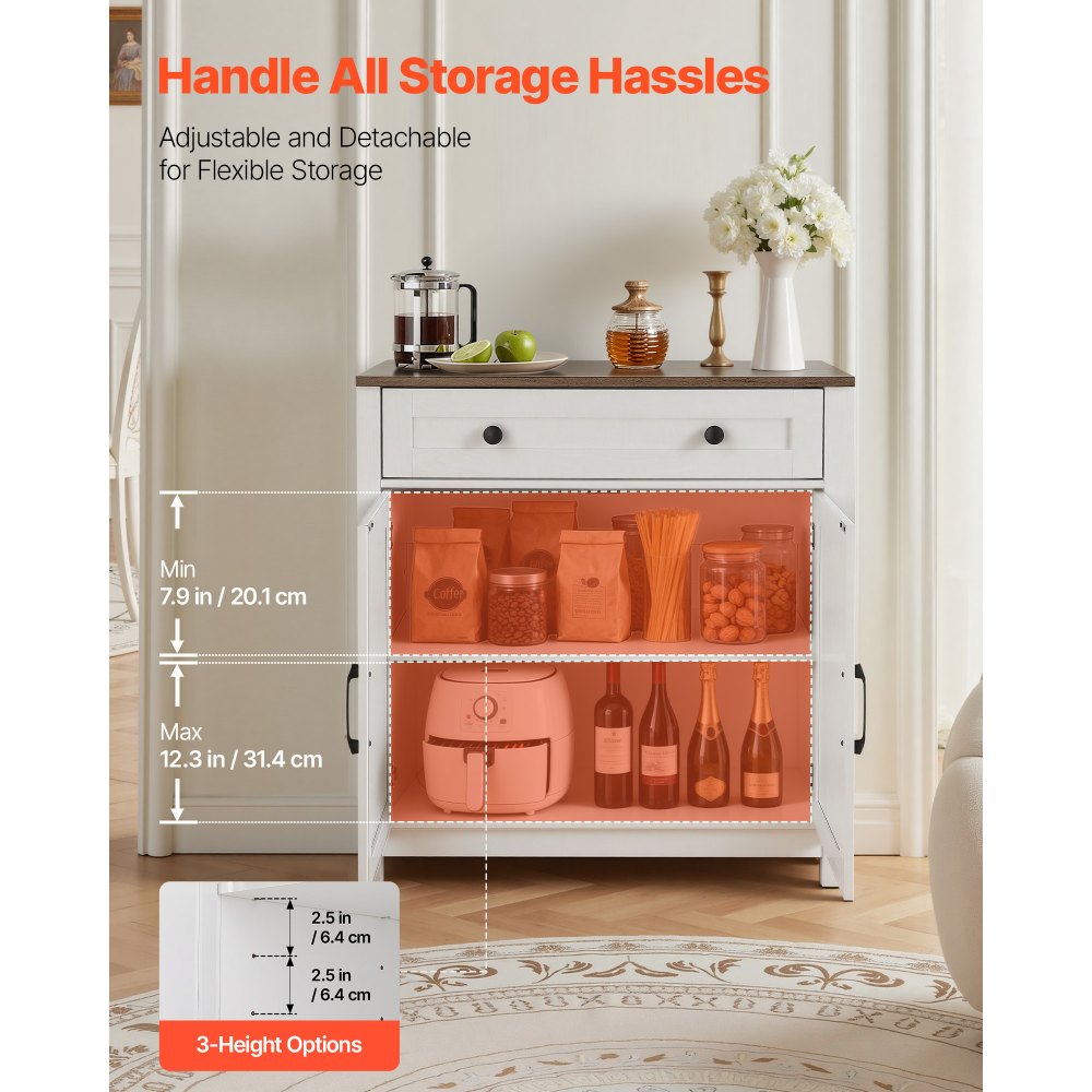 VEVOR Sideboard Küchenschrank mit Schubladen, Buffetschrank Landhaus-Stil für Wohnzimmer Eingangsbereich Küche, Aufbewahrungsschrank 75 x 37,5 x 80 cm Küchenbuffet Buffetschrank Weiß + Braun