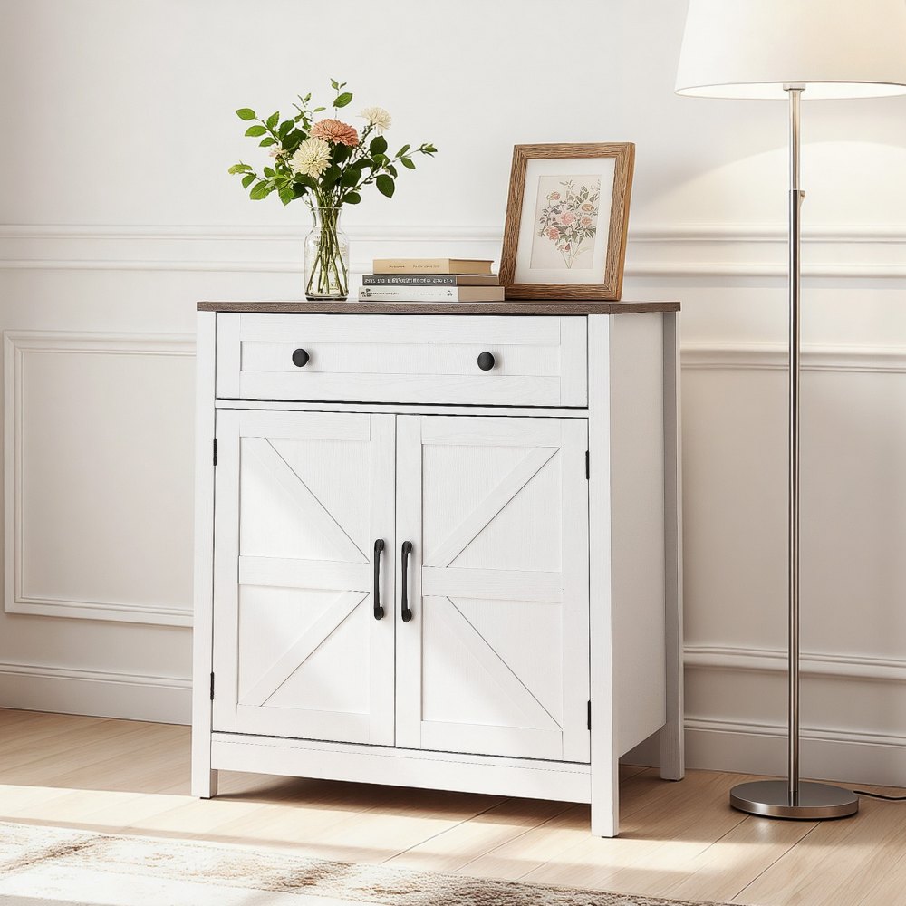 VEVOR Sideboard Küchenschrank mit Schubladen, Buffetschrank Landhaus-Stil für Wohnzimmer Eingangsbereich Küche, Aufbewahrungsschrank 75 x 37,5 x 80 cm Küchenbuffet Buffetschrank Weiß + Braun