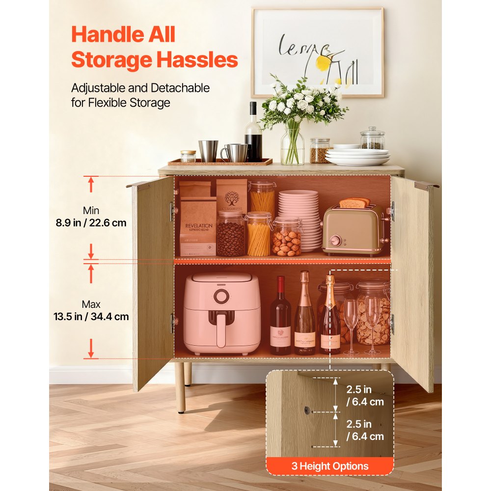 VEVOR Sideboard Küchenschrank mit 2 Ablageflächen, Buffetschrank im mittelalterlichen Stil für Wohnzimmer Eingangsbereich Küche, Aufbewahrungsschrank 80 x 37,5 x 80 cm Eiche Küchenbuffet