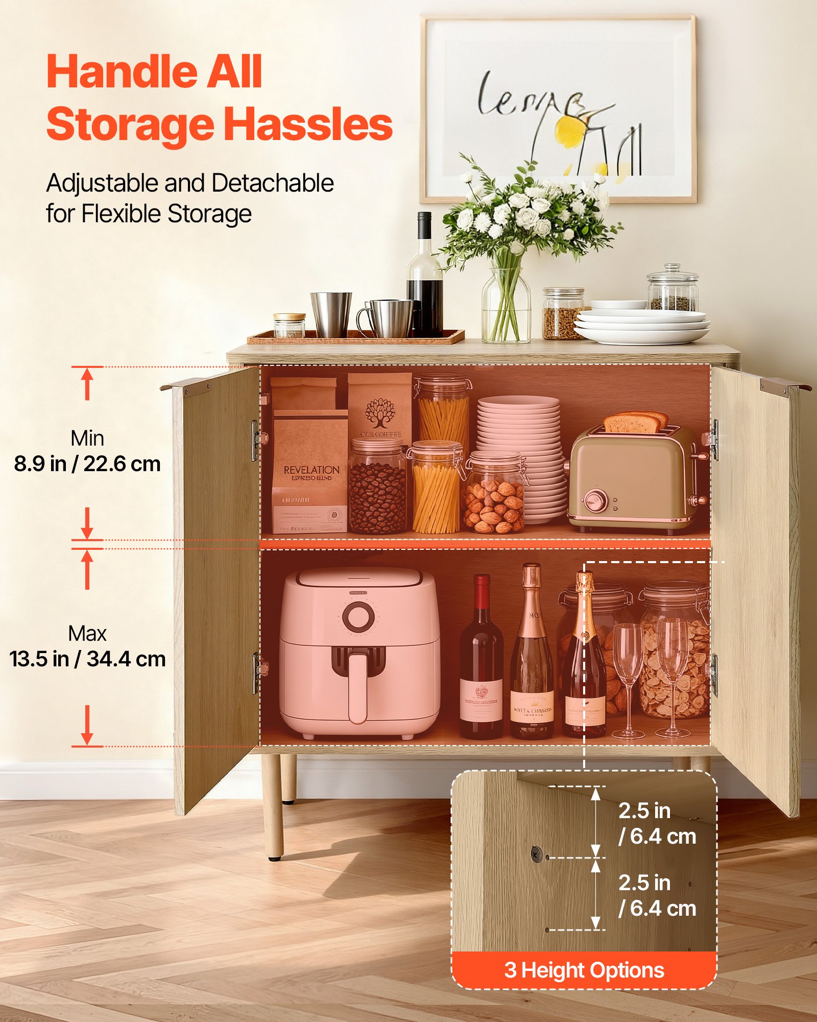 VEVOR Sideboard Küchenschrank mit 2 Ablageflächen, Buffetschrank im mittelalterlichen Stil für Wohnzimmer Eingangsbereich Küche, Aufbewahrungsschrank 80 x 37,5 x 80 cm Eiche Küchenbuffet