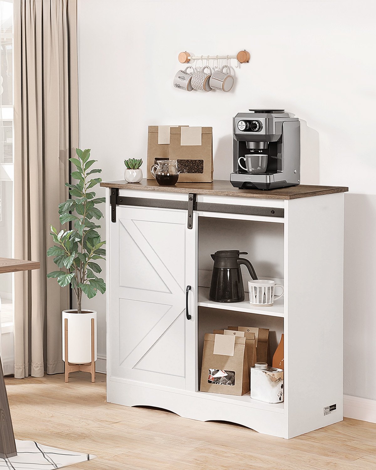 VEVOR Kaffeebarschrank 80 x 35 x 80 cm Bauernhaus-Kaffeebarschrank mit 3-stufigem Stauraum, Kaffeebartisch mit Scheunentor, Sideboard-Buffetschrank für Wohnzimmer Eingangsbereich