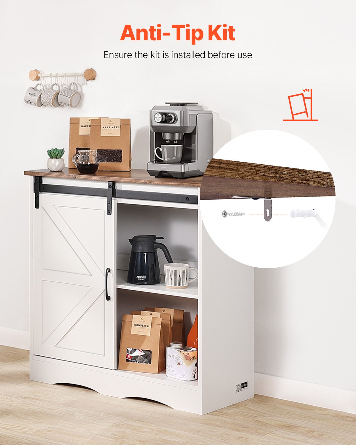 VEVOR Kaffeebarschrank 80 x 35 x 80 cm Bauernhaus-Kaffeebarschrank mit 3-stufigem Stauraum, Kaffeebartisch mit Scheunentor, Sideboard-Buffetschrank für Wohnzimmer Eingangsbereich