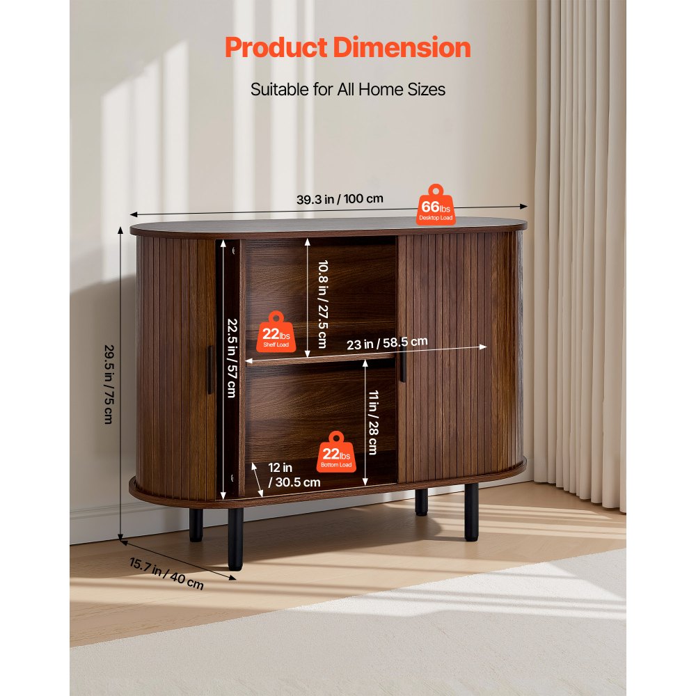 VEVOR Sideboard Küchenschrank mit 2 Schiebetüren, Buffetschrank im mittelalterlichen Stil für Wohnzimmer Eingangsbereich, Aufbewahrungsschrank 100 x 40 x 75 cm Walnuss Küchenbuffet Buffetschrank