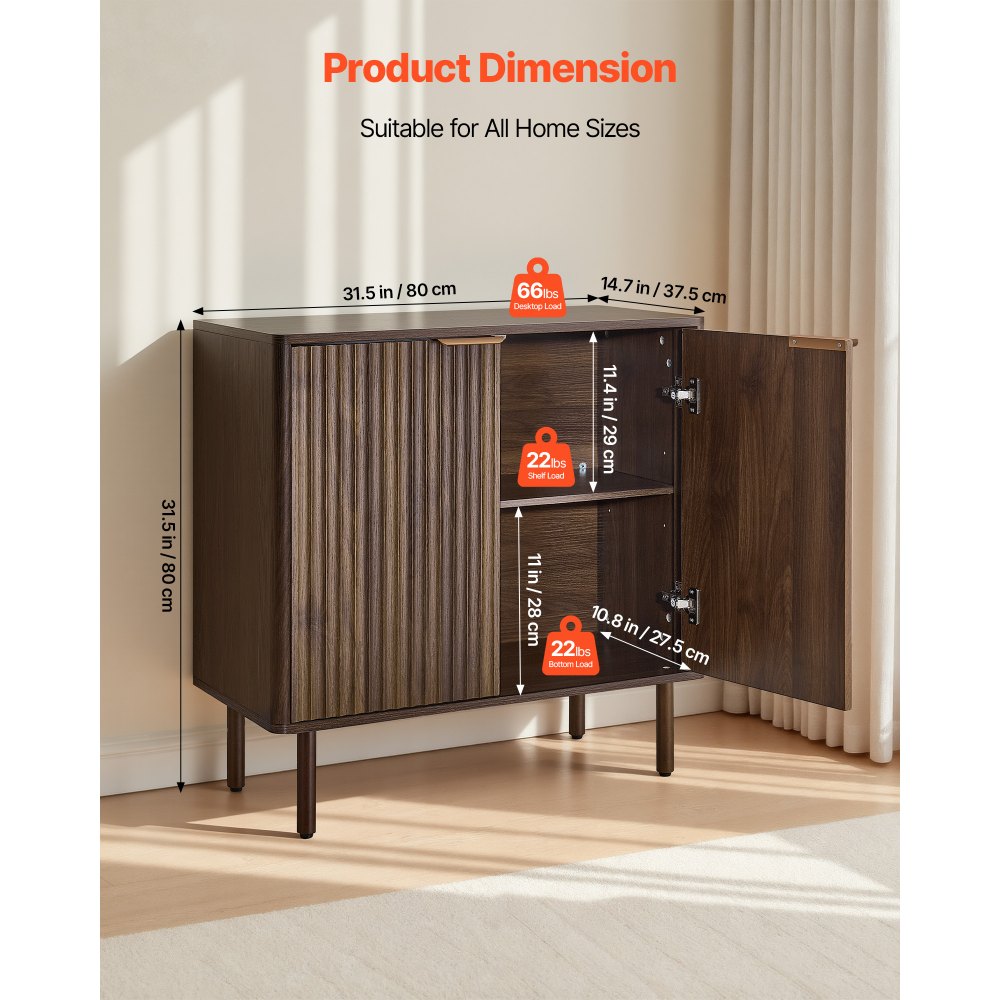 VEVOR Sideboard Küchenschrank mit 2 Ablageflächen, Buffetschrank im mittelalterlichen Stil für Wohnzimmer Eingangsbereich Küche, Aufbewahrungsschrank 80 x 37,5 x 80 cm Walnuss Küchenbuffet