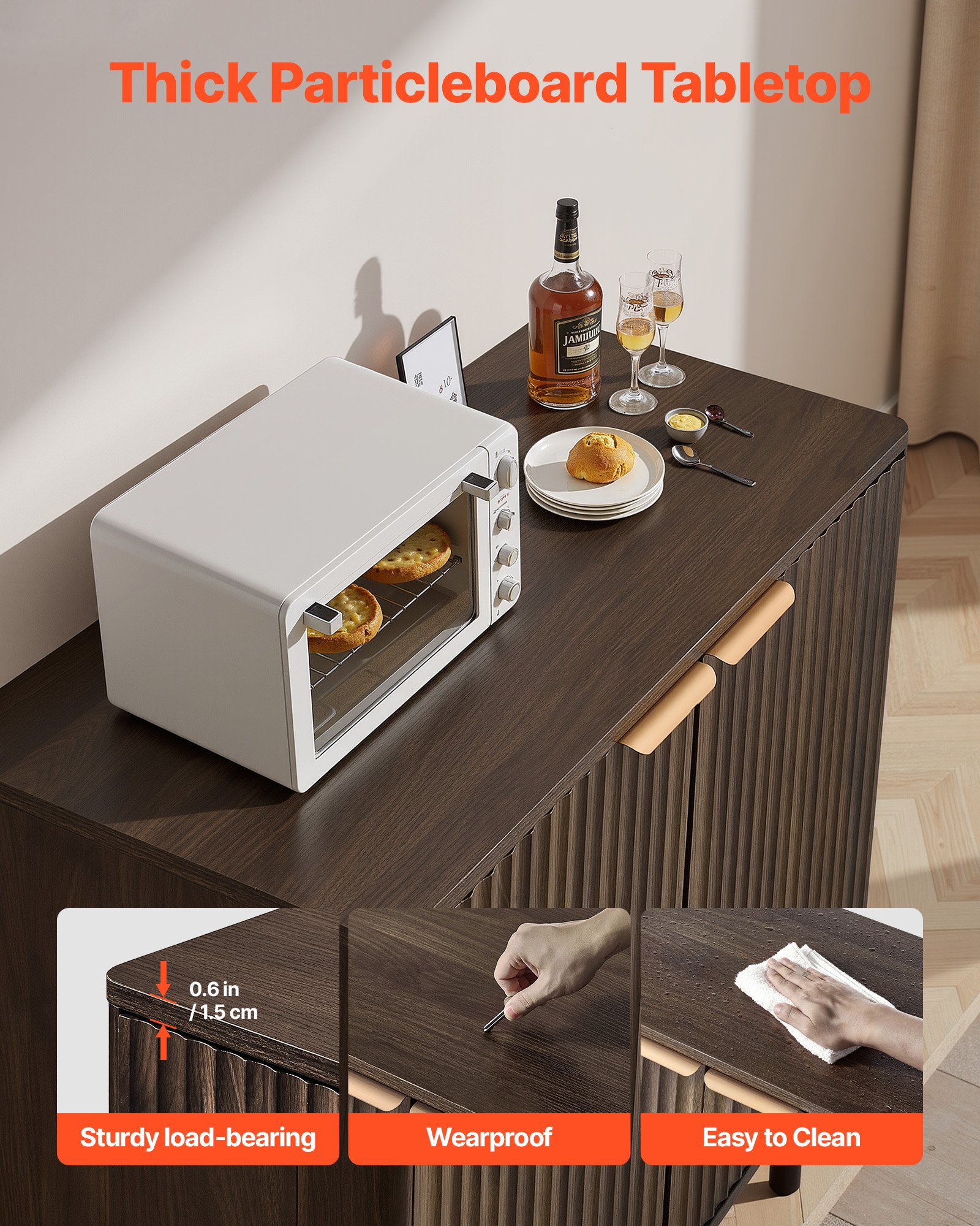 VEVOR Sideboard Küchenschrank mit 2 Ablageflächen, Buffetschrank im mittelalterlichen Stil für Wohnzimmer Eingangsbereich Küche, Aufbewahrungsschrank 80 x 37,5 x 80 cm Walnuss Küchenbuffet