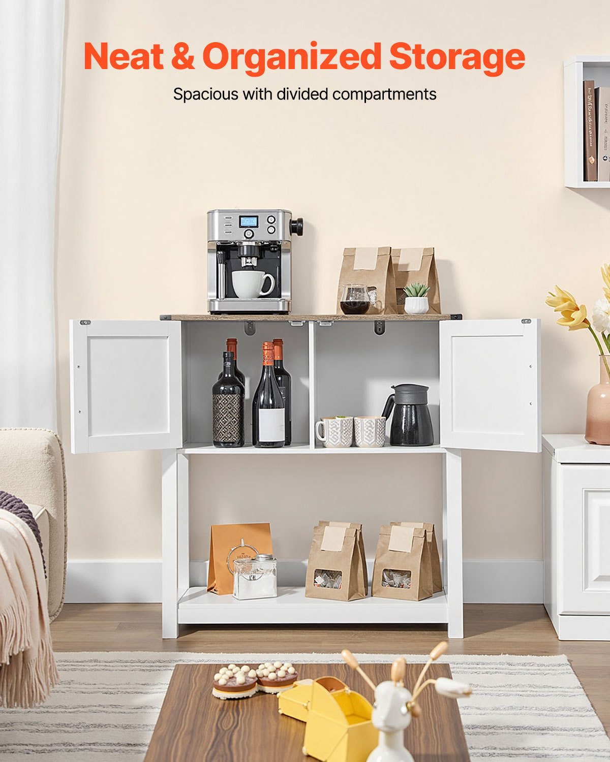 VEVOR Kaffeebarschrank 80 x 35 x 88 cm Bauernhaus-Kaffeebarschrank mit 3-stufigem Stauraum, Kaffeebartisch mit Magnettüren, Sideboard-Buffetschrank für Wohnzimmer Eingangsbereich