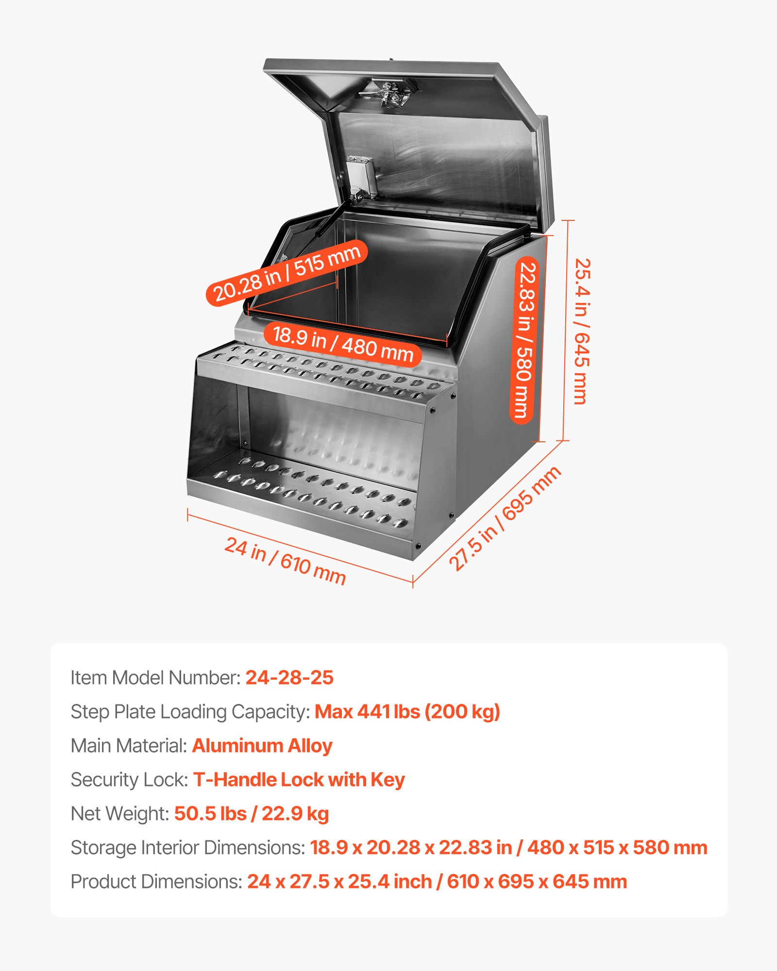 VEVOR Sattel-Trittkasten, 610x695x645 mm, Werkzeugkasten zur Seitenmontage, Sattel-Trittbrett-Seitenaufbewahrungskasten mit T-Griff, Schloss & Schlüsseln für Sattelschlepper, Pritschenanhänger