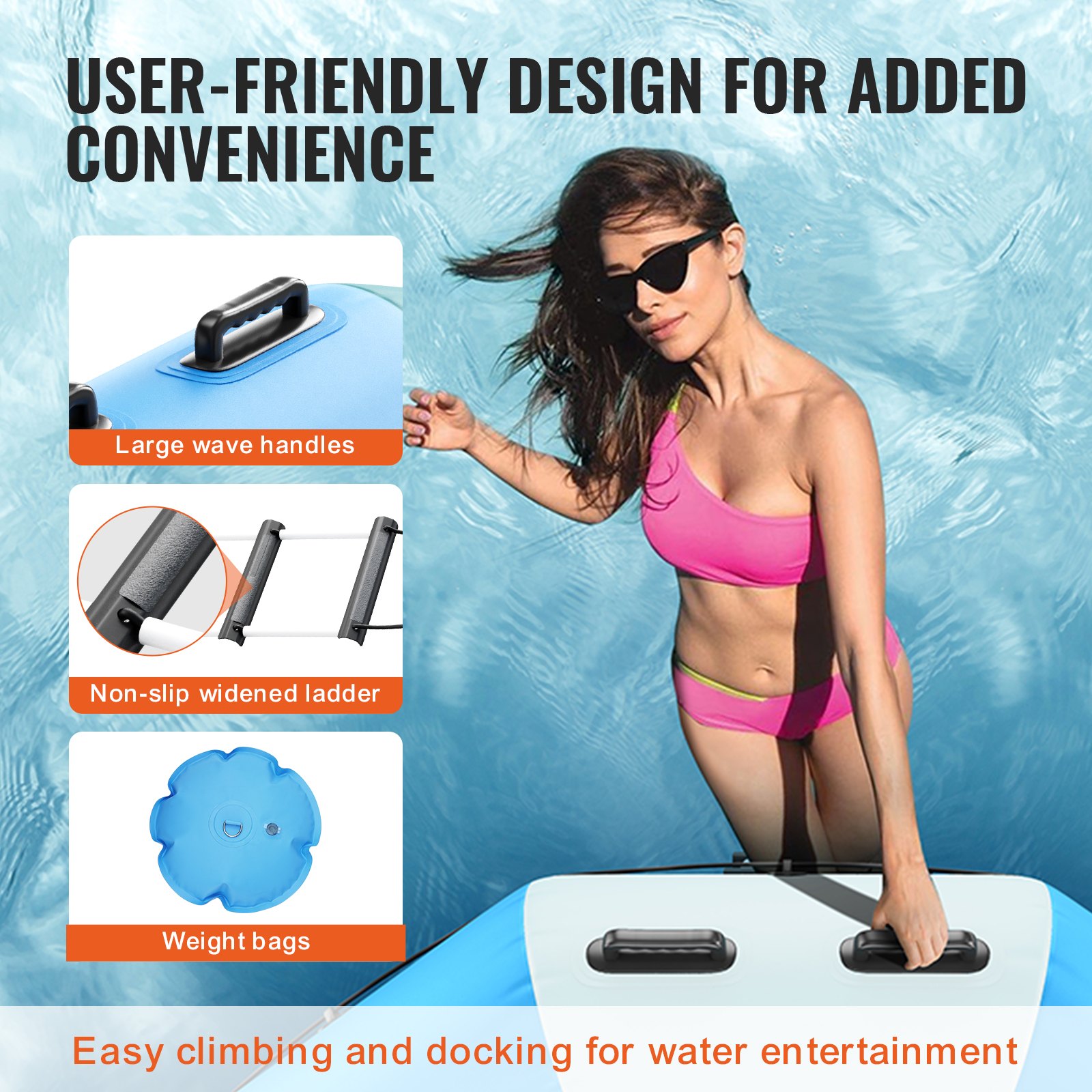 VEVOR Aufblasbarer Wassertrampolin Leiter, Wasserdichte, Abriebfeste, Langlebige Wassertrampoline 4,57 m Großen Sprungfläche, Sprungplattform-Wasserpark Pool Trampolin, 360 kg Tragfähigkeit Blau Weiß