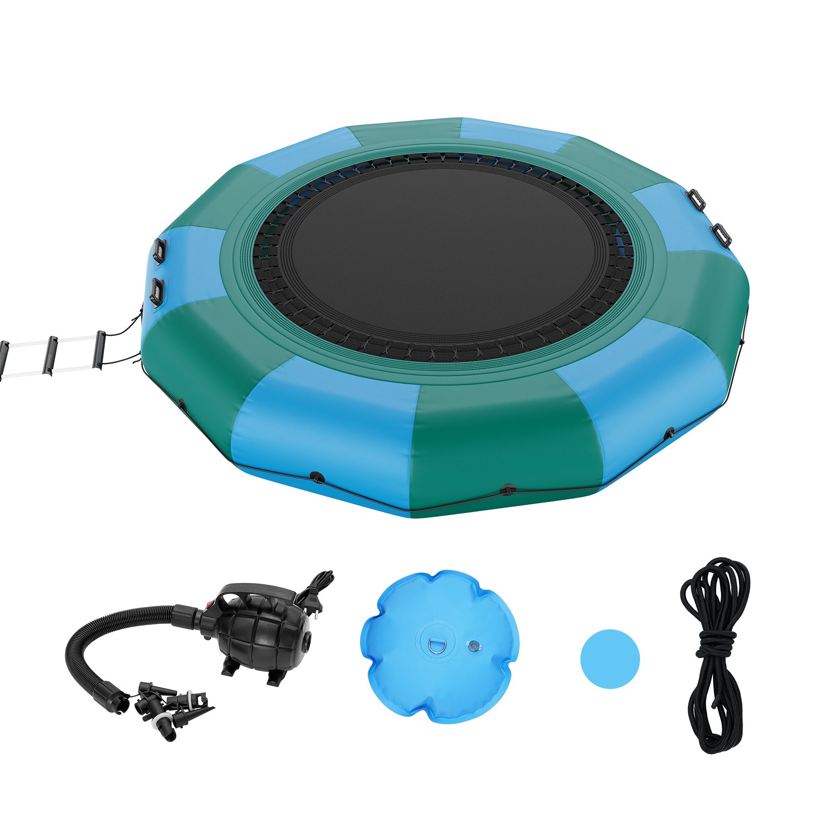VEVOR Aufblasbarer Wassertrampolin mit Leiter, Wasserdichte, Abriebfeste, Wassertrampoline 3,66 m Großen Sprungfläche, Sprungplattform-Wasserpark Pool Trampolin, Blau + Grün 226 kg Tragfähigkeit
